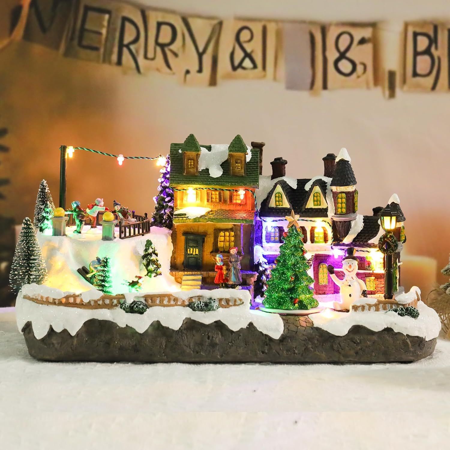 Afirst Christmas Village Houses Collectible Figurines Skaters Skiers Rotating Xmas Tree Lighted Christmas Houses Collectable Light Up Musical with USB Indoor Display Figurines Decoration