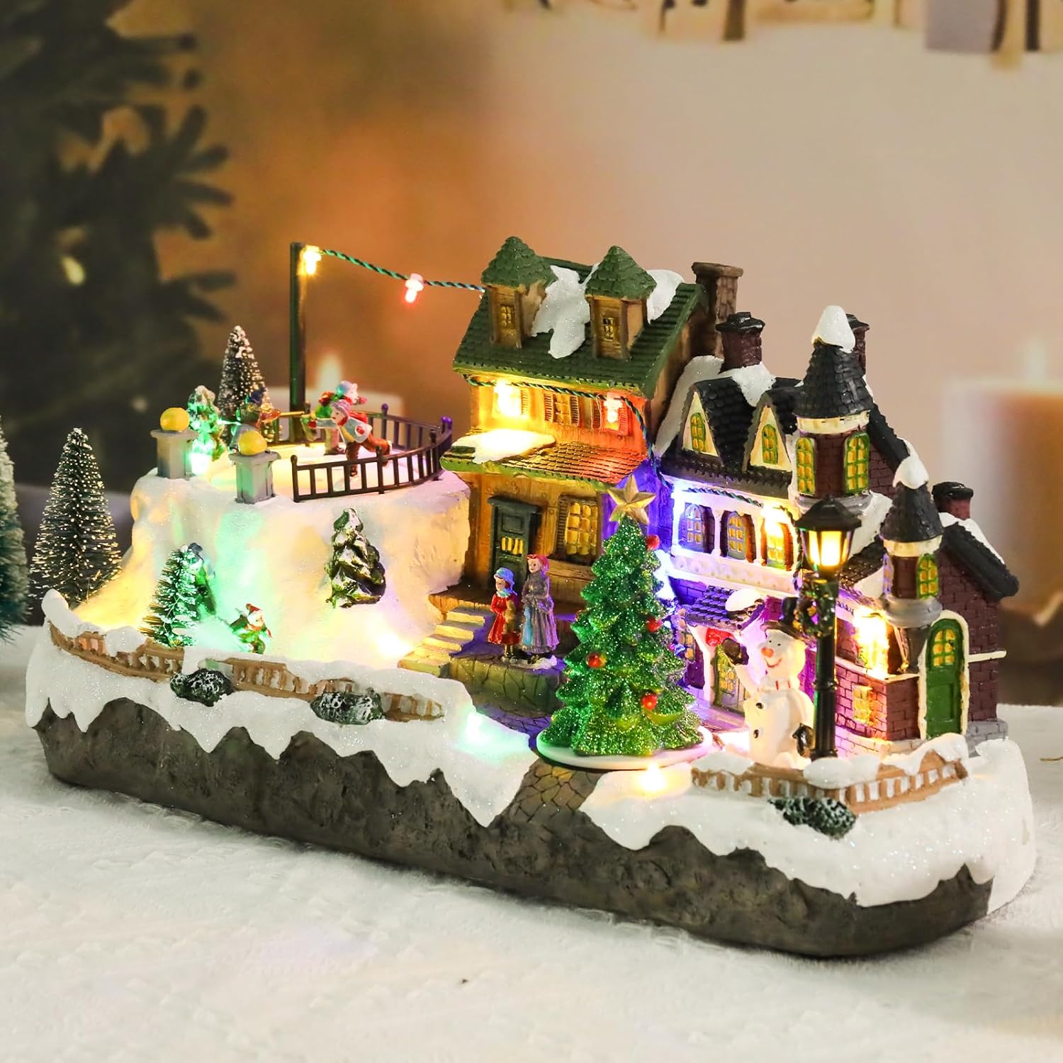Afirst Christmas Village Houses Collectible Figurines Skaters Skiers Rotating Xmas Tree Lighted Christmas Houses Collectable Light Up Musical with USB Indoor Display Figurines Decoration