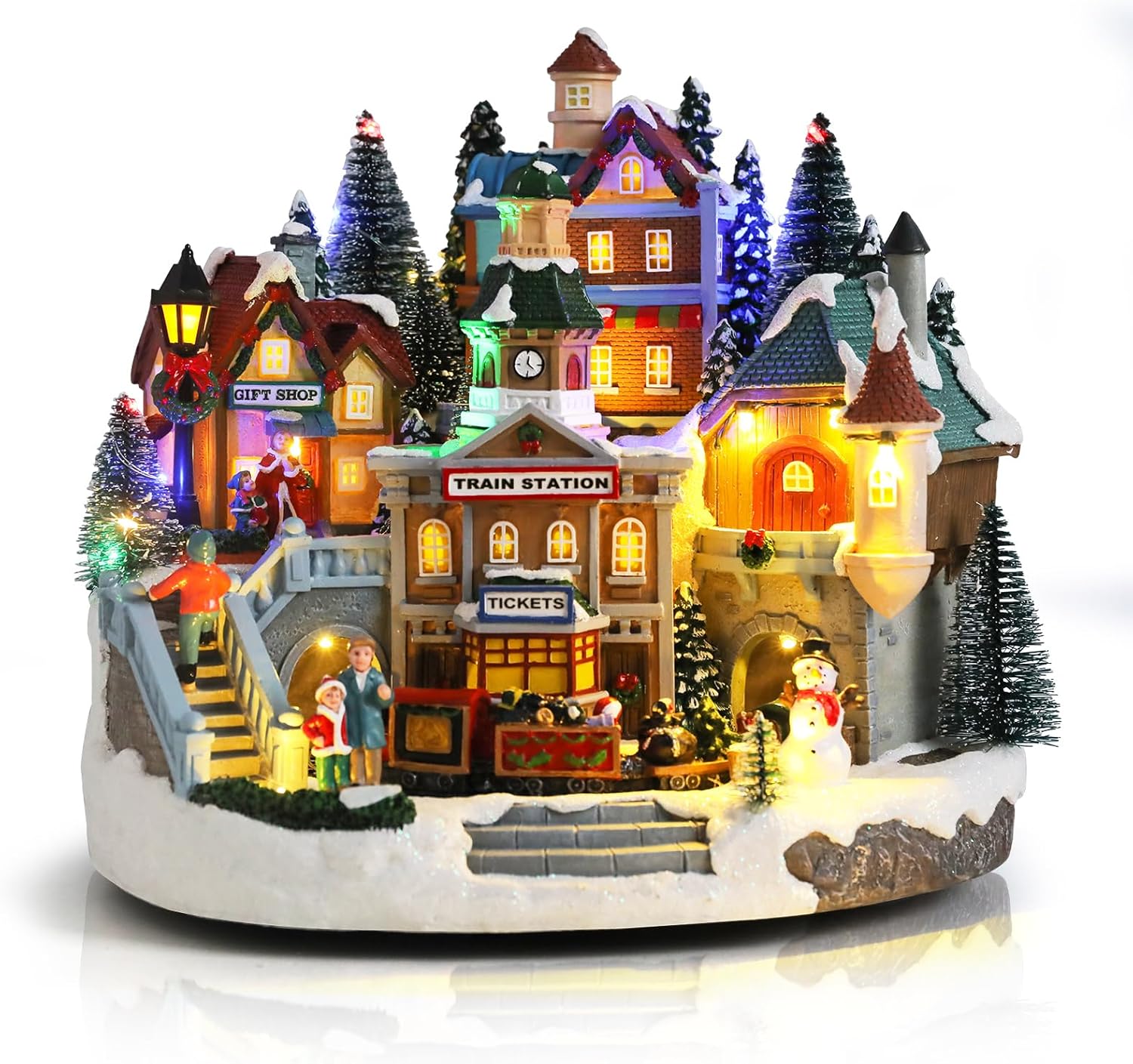 Afirst Christmas Village Houses Collectible Figurines Moving Train Around Village with Trees Lighted Christmas House Collectable Xmas Light Up Musical with USB Indoor Display Figurines Decoration