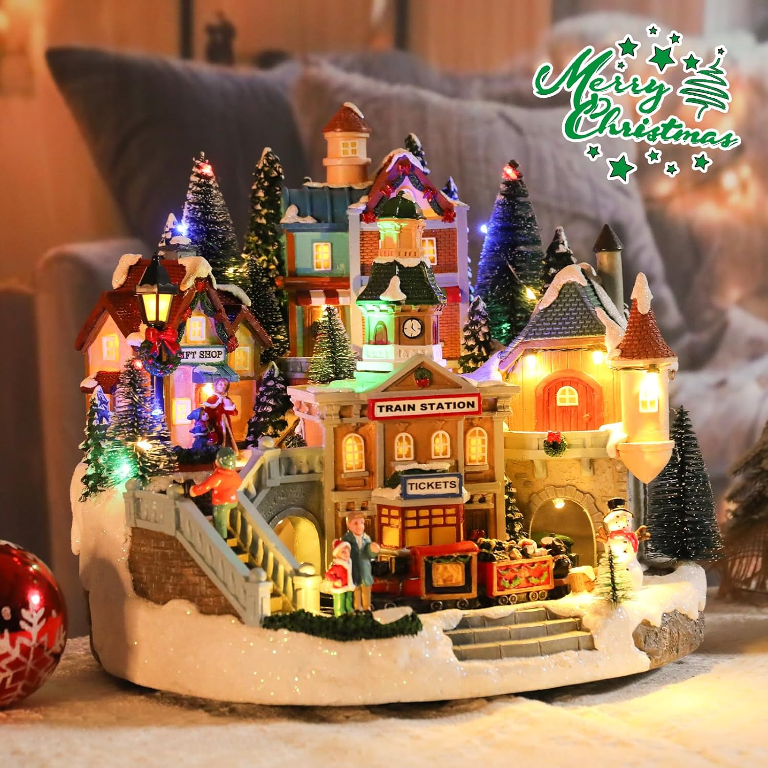 Afirst Christmas Village Houses Collectible Figurines Moving Train Around Village with Trees Lighted Christmas House Collectable Xmas Light Up Musical with USB Indoor Display Figurines Decoration