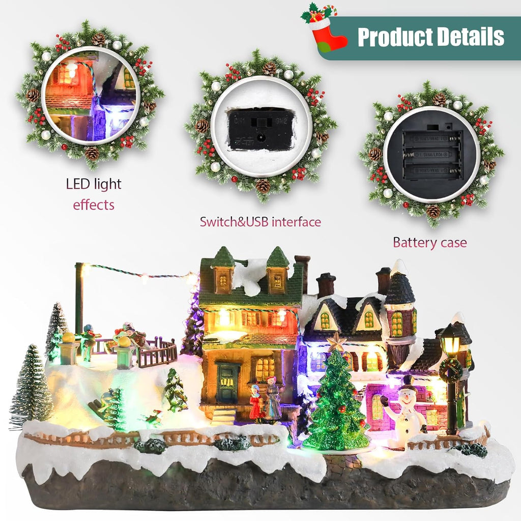 Afirst Christmas Village Houses Collectible Figurines Skaters Skiers Rotating Xmas Tree Lighted Christmas Houses Collectable Light Up Musical with USB Indoor Display Figurines Decoration