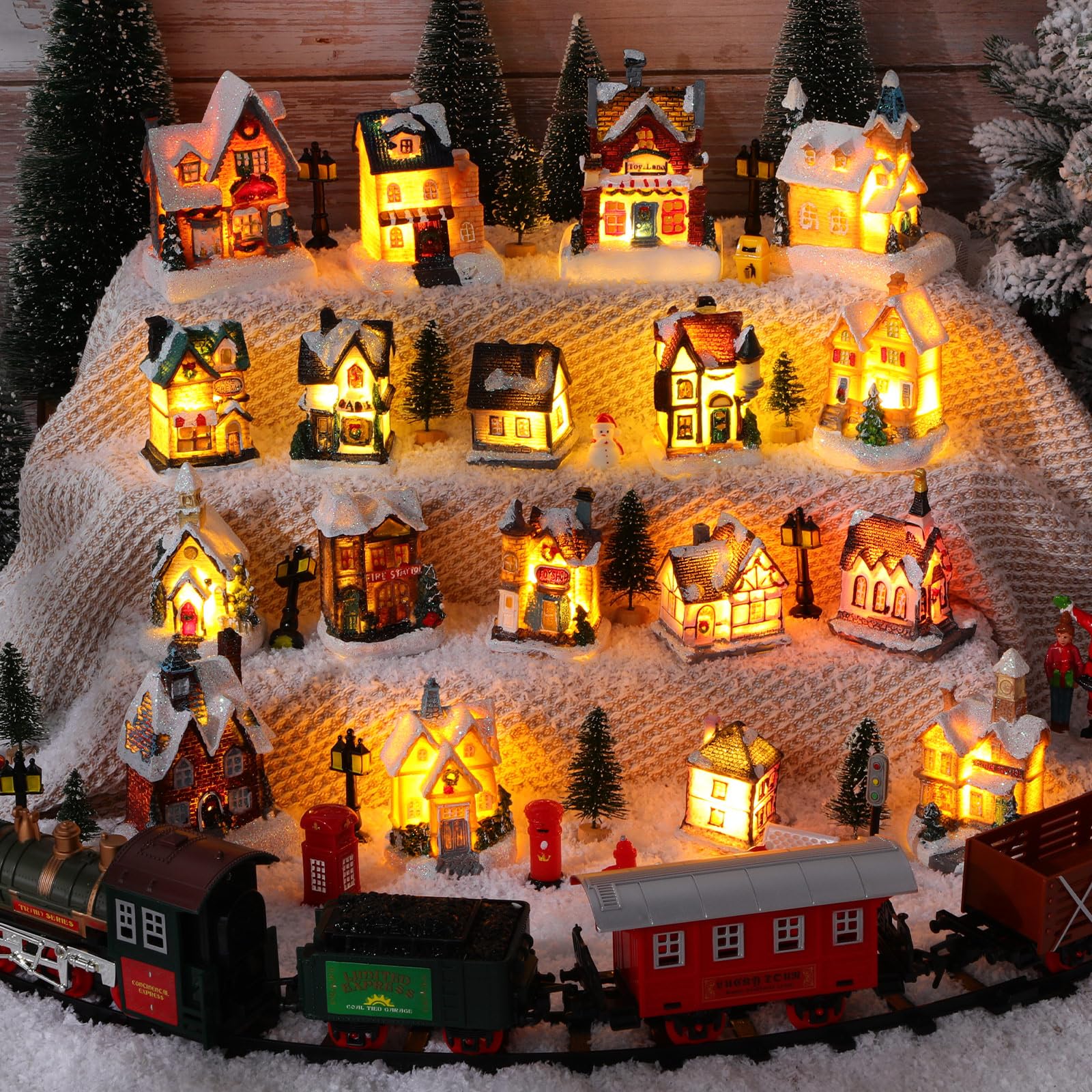 Zubebe 64 Pcs Christmas Village Set, Christmas Village Houses LED Holiday Village Figurines Christmas Village Buildings Christmas Town Scene Desktop Ornaments Indoor Room Decor Collection (Classic)
