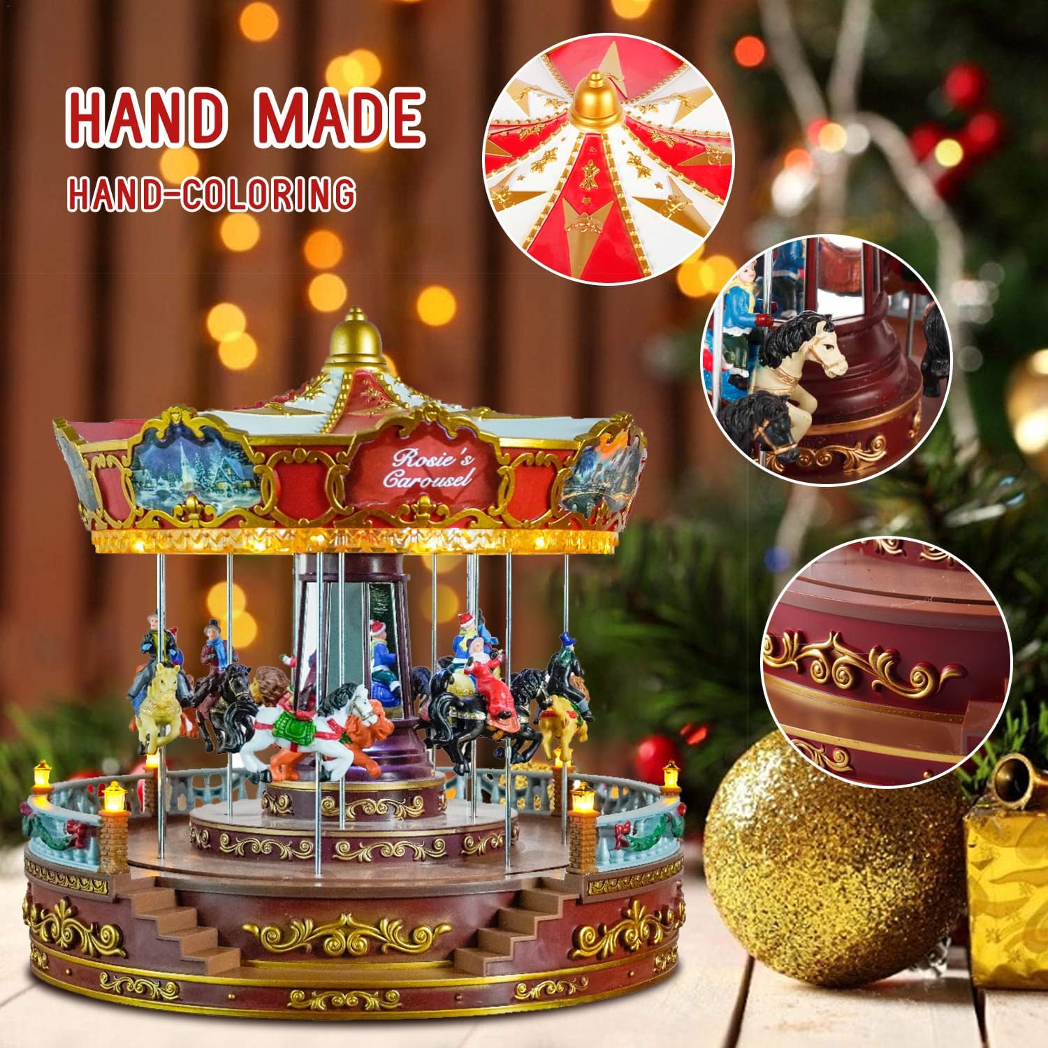 Christmas Carousel Decoration, 14inch Large Size, Carousel Go Round with Music and Lights, Realistic Scene, Add Christmas Atmosphere, Perfect （red）