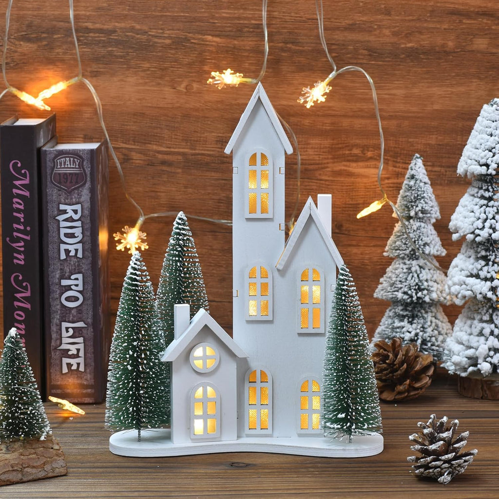 White Christmas Village Set with LED, Wooden Xmas Tabletop Decor, Mini Winter Town Display, Christmas Table Centerpieces for Indoor Decoration, for Mantel Desktop Shelf Fireplace (Style C)
