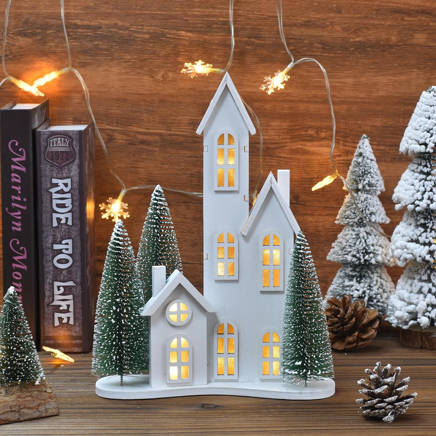 White Christmas Village Set with LED, Wooden Xmas Tabletop Decor, Mini Winter Town Display, Christmas Table Centerpieces for Indoor Decoration, for Mantel Desktop Shelf Fireplace (Style C)