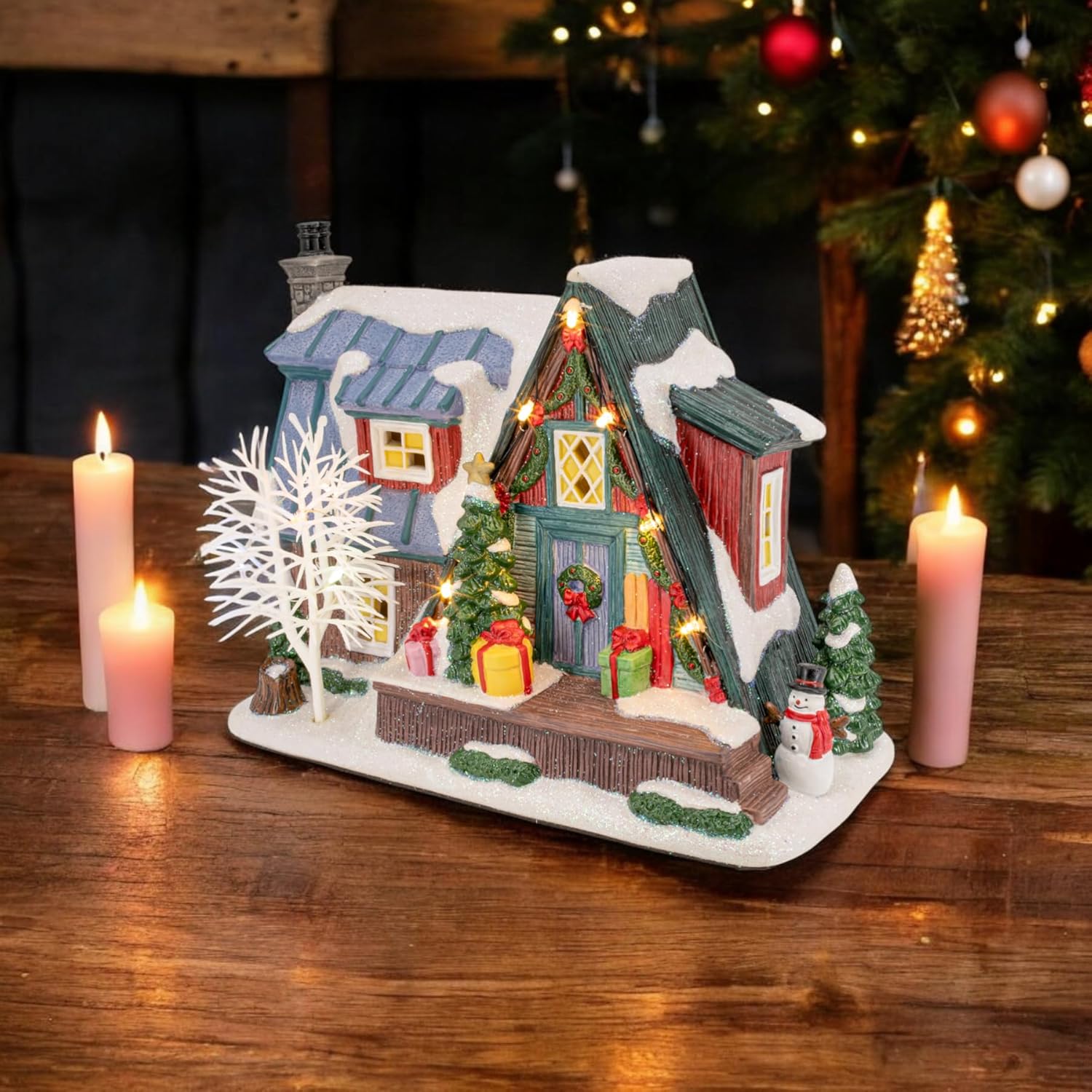 Country Log Cabin Porcelain Christmas Village with LED Lights