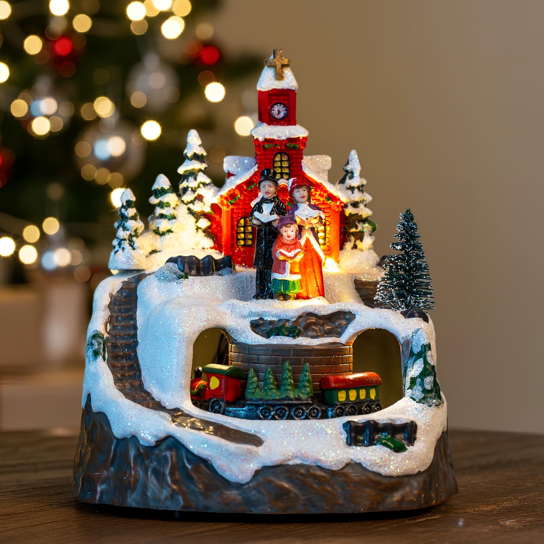 Animated Musical Christmas Village Figurines Christmas Collectibles Statues Church Building and Snowman with Rotating Train LED Lights, Battery & USB Home Decor Gifts Festive Holiday Decorations