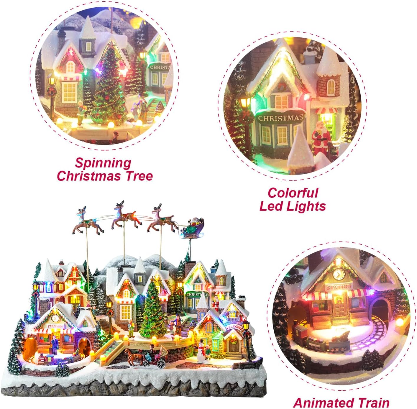 Large Christmas Village House with Flying Reindeer - Rotating Christmas Tree & Moving Train & Colourful LED Lights & 8 Festive Songs,Indoor Decorations for Home Tabletop Gift