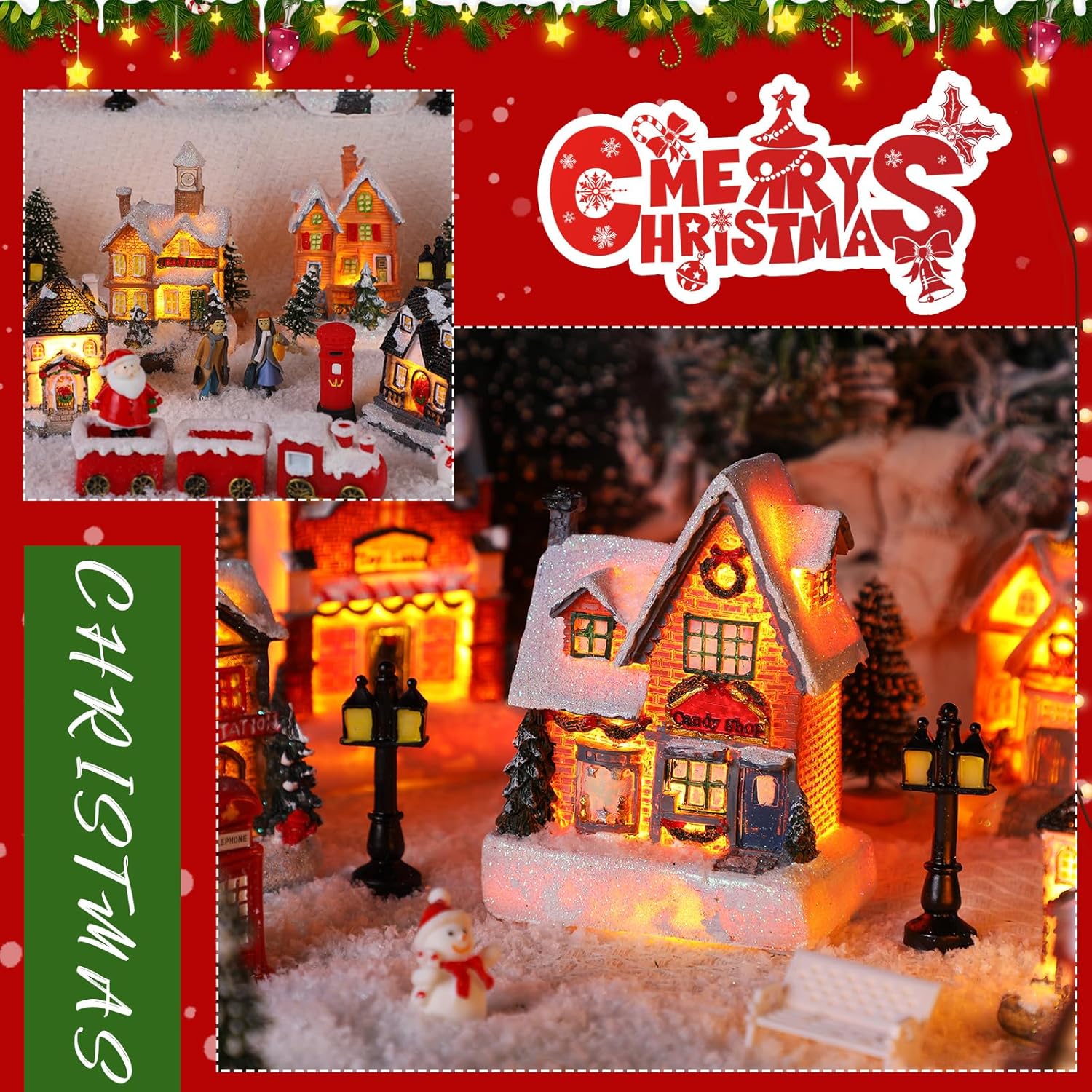 Zubebe 64 Pcs Christmas Village Set, Christmas Village Houses LED Holiday Village Figurines Christmas Village Buildings Christmas Town Scene Desktop Ornaments Indoor Room Decor Collection (Classic)