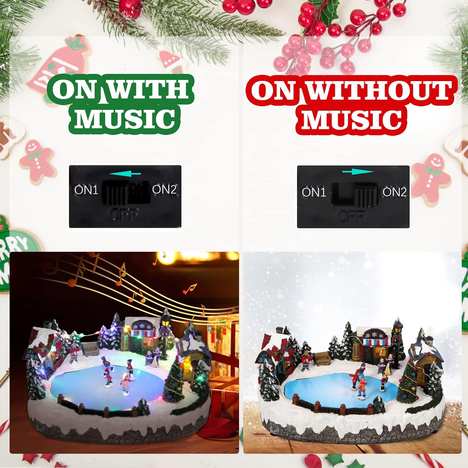 Christmas Village House Figurines Christmas Decor Estatua de la cabaña del Pueblo navideño Home Decoration Snow Globe Display Skating Pond Animated Christmas Theme Park with 8 Music L