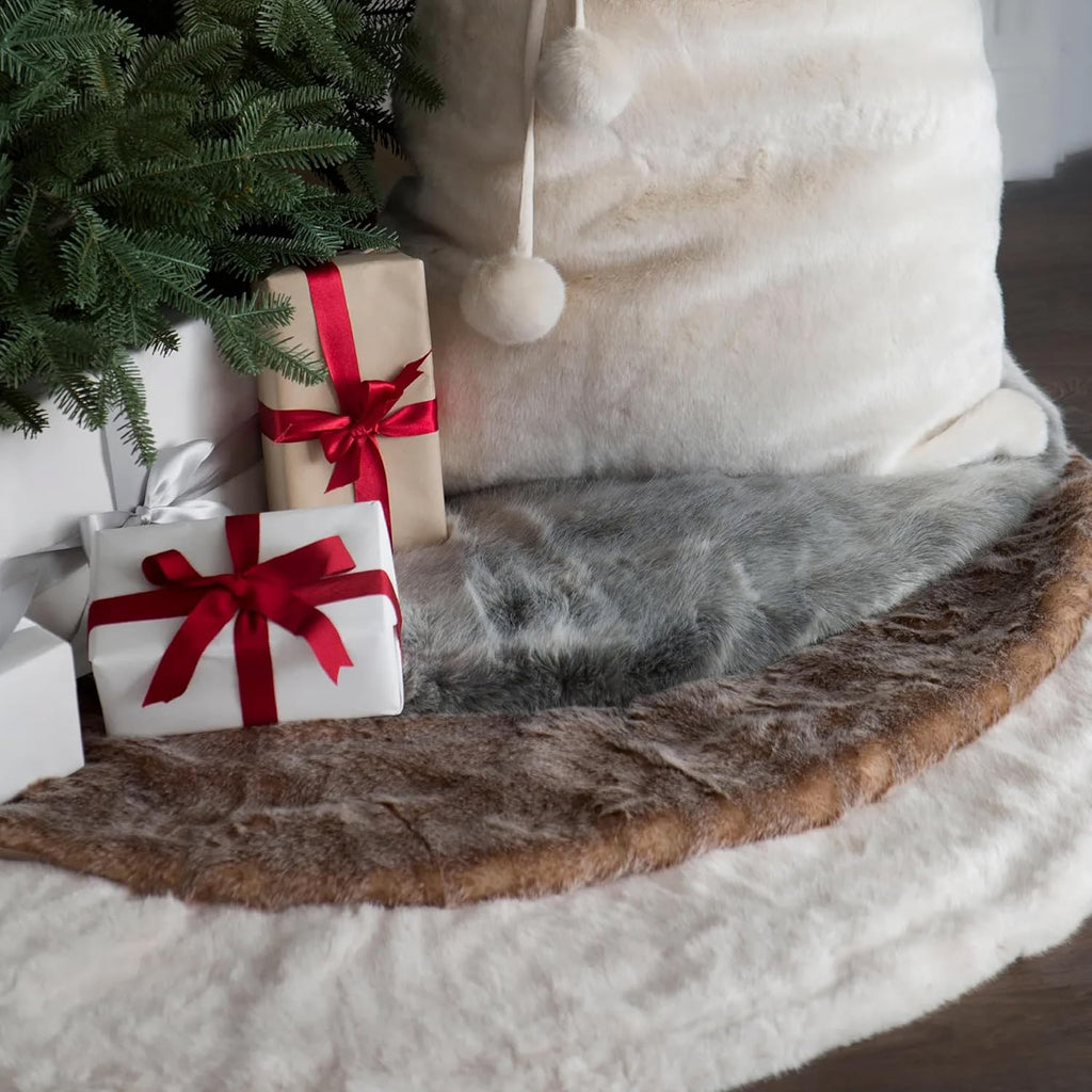 Balsam Hill Lodge Faux Fur Christmas Tree Skirt - Premium Rustic and Luxurious Fur Accents in Brown and Ivory for Tree Decor, Brown, 60"