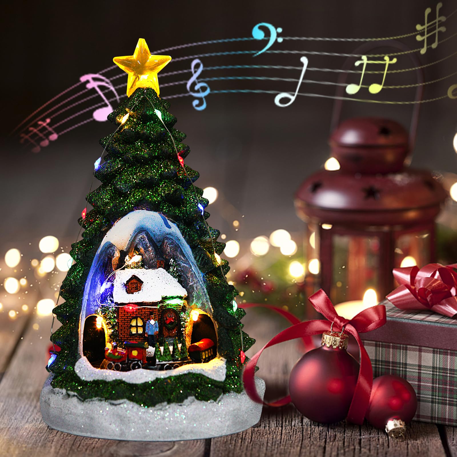 Christmas Village House Figurines Christmas Decor Estatua de la cabaña del Pueblo navideño Home Decoration Snow Globe Display Skating Pond Animated Christmas Theme Park with 8 Music L