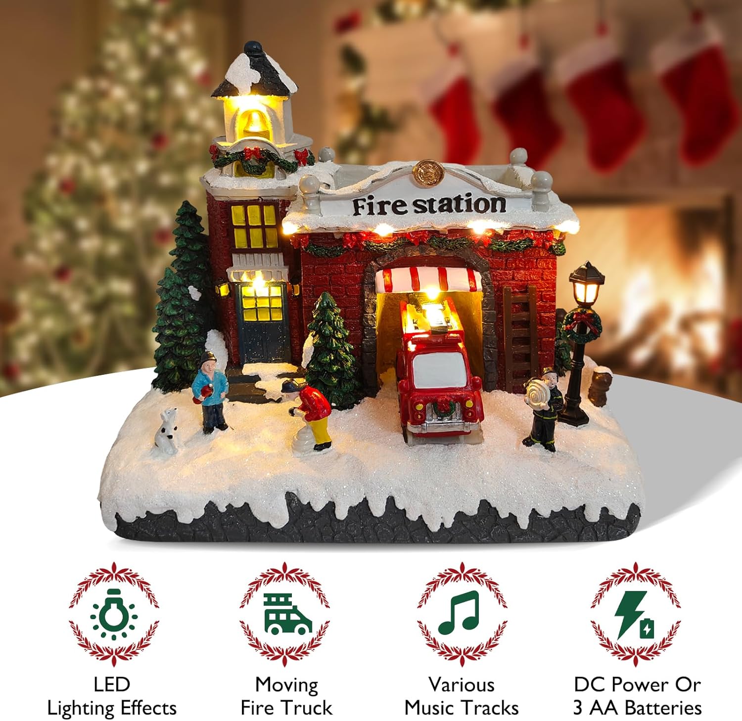 Resin Christmas Village Building, Fire Station with LED Lights, Collectible Buildings Decoration with Snow, Indoor Home & Desktop Decor (10" H x 11" W x 7.5" D)