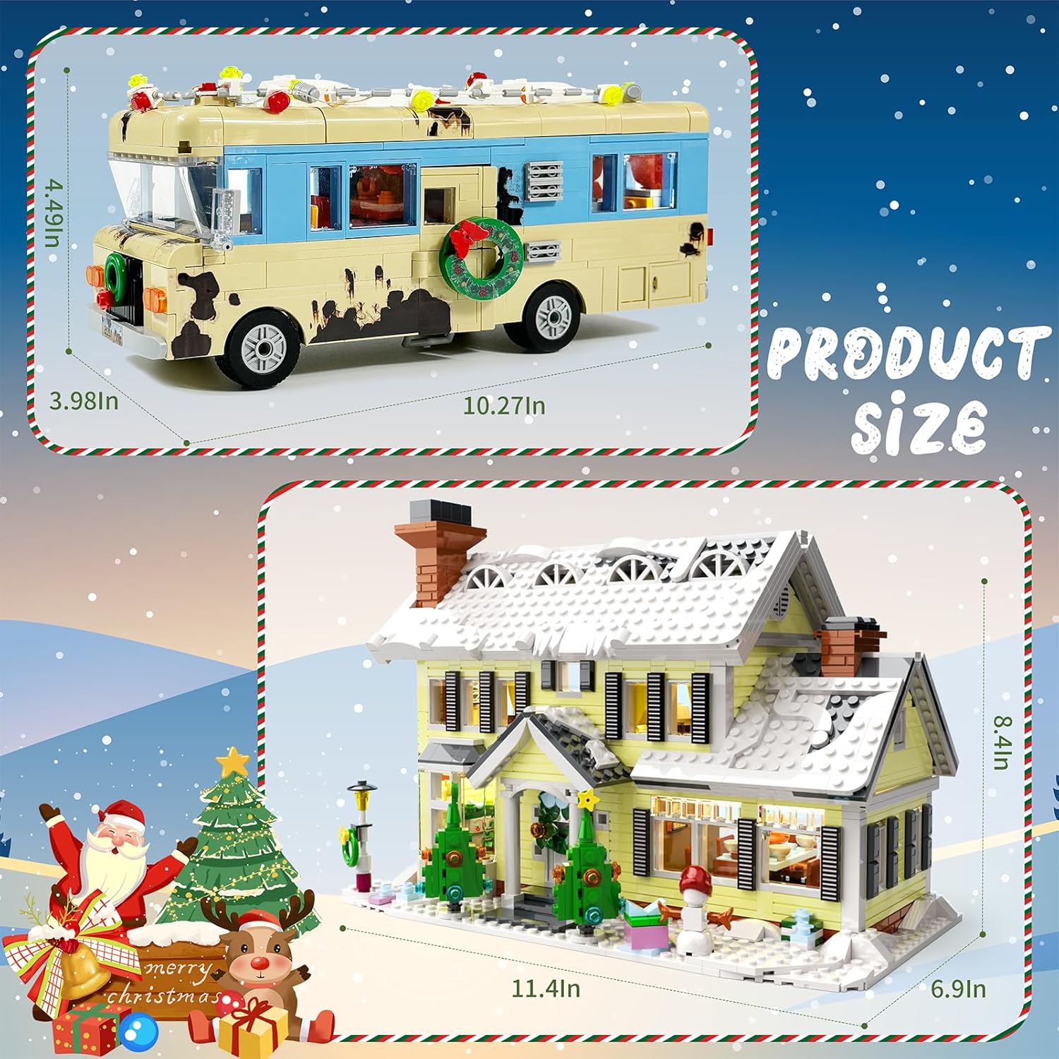 Snow Village& RV Building Set with LED Lights,2 in 1 Christmas Vacation Holiday House and Christmas Holiday Snow Village RV Gift(1726PCS)