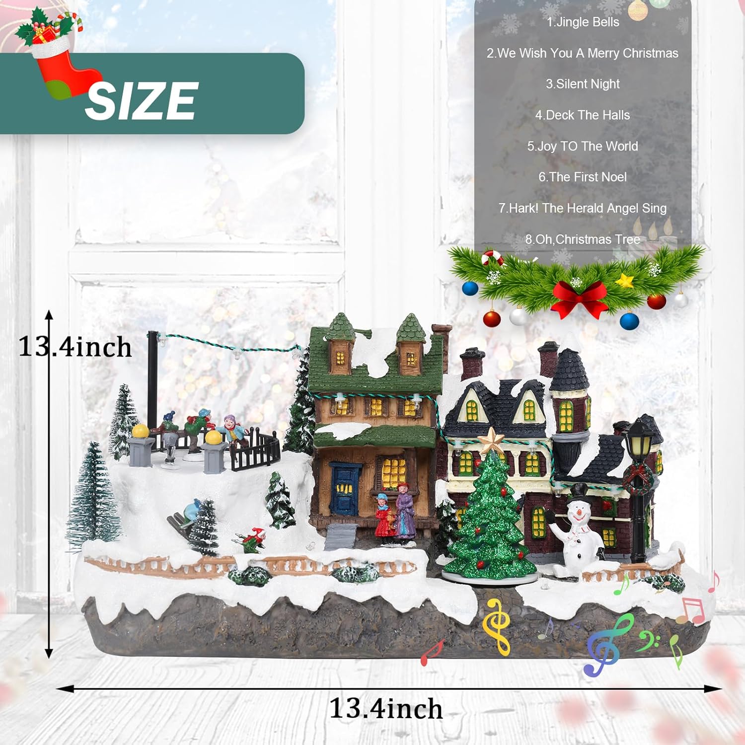 Afirst Christmas Village Houses Collectible Figurines Skaters Skiers Rotating Xmas Tree Lighted Christmas Houses Collectable Light Up Musical with USB Indoor Display Figurines Decoration