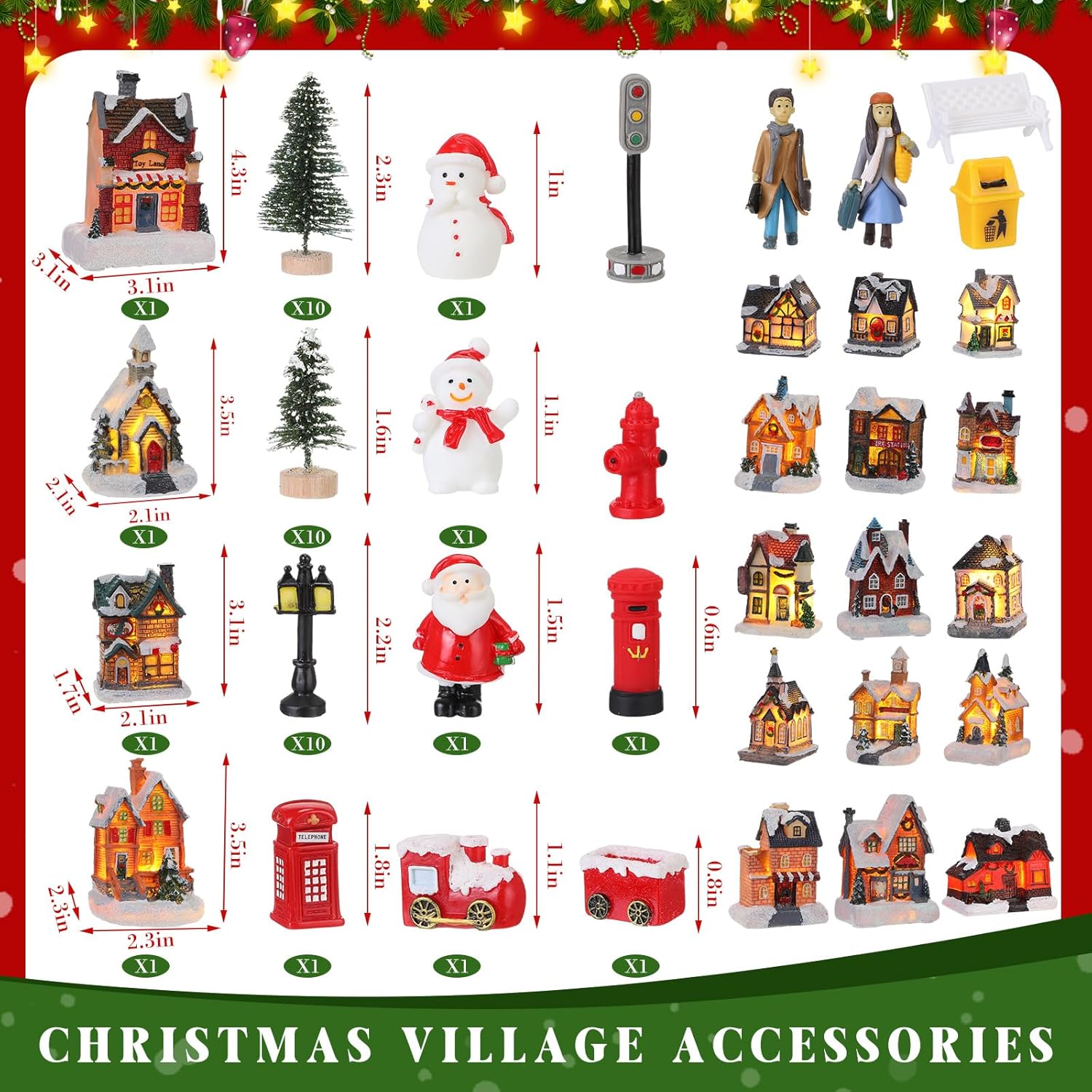 Zubebe 64 Pcs Christmas Village Set, Christmas Village Houses LED Holiday Village Figurines Christmas Village Buildings Christmas Town Scene Desktop Ornaments Indoor Room Decor Collection (Classic)