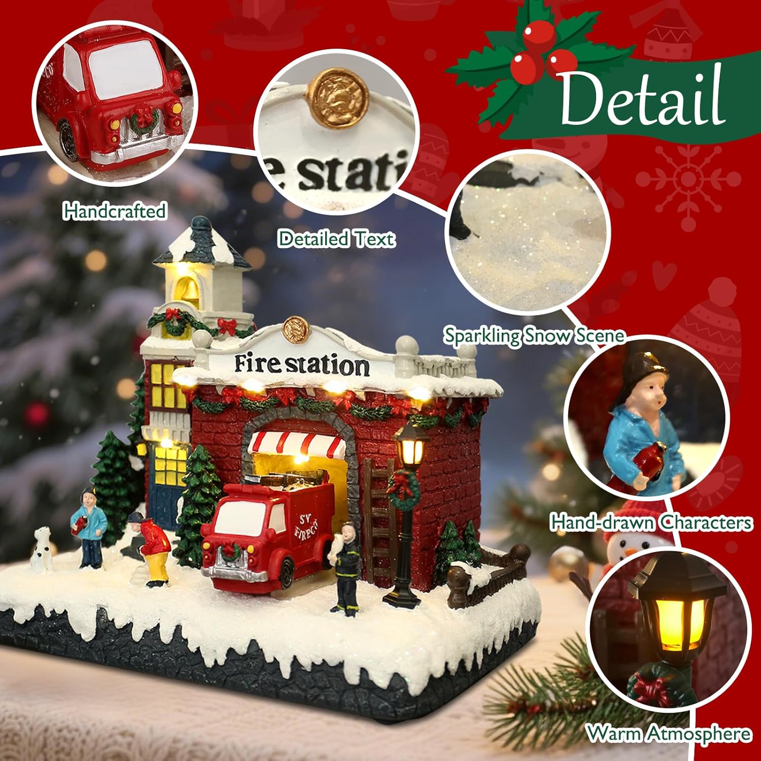 Resin Christmas Village Building, Fire Station with LED Lights, Collectible Buildings Decoration with Snow, Indoor Home & Desktop Decor (10" H x 11" W x 7.5" D)