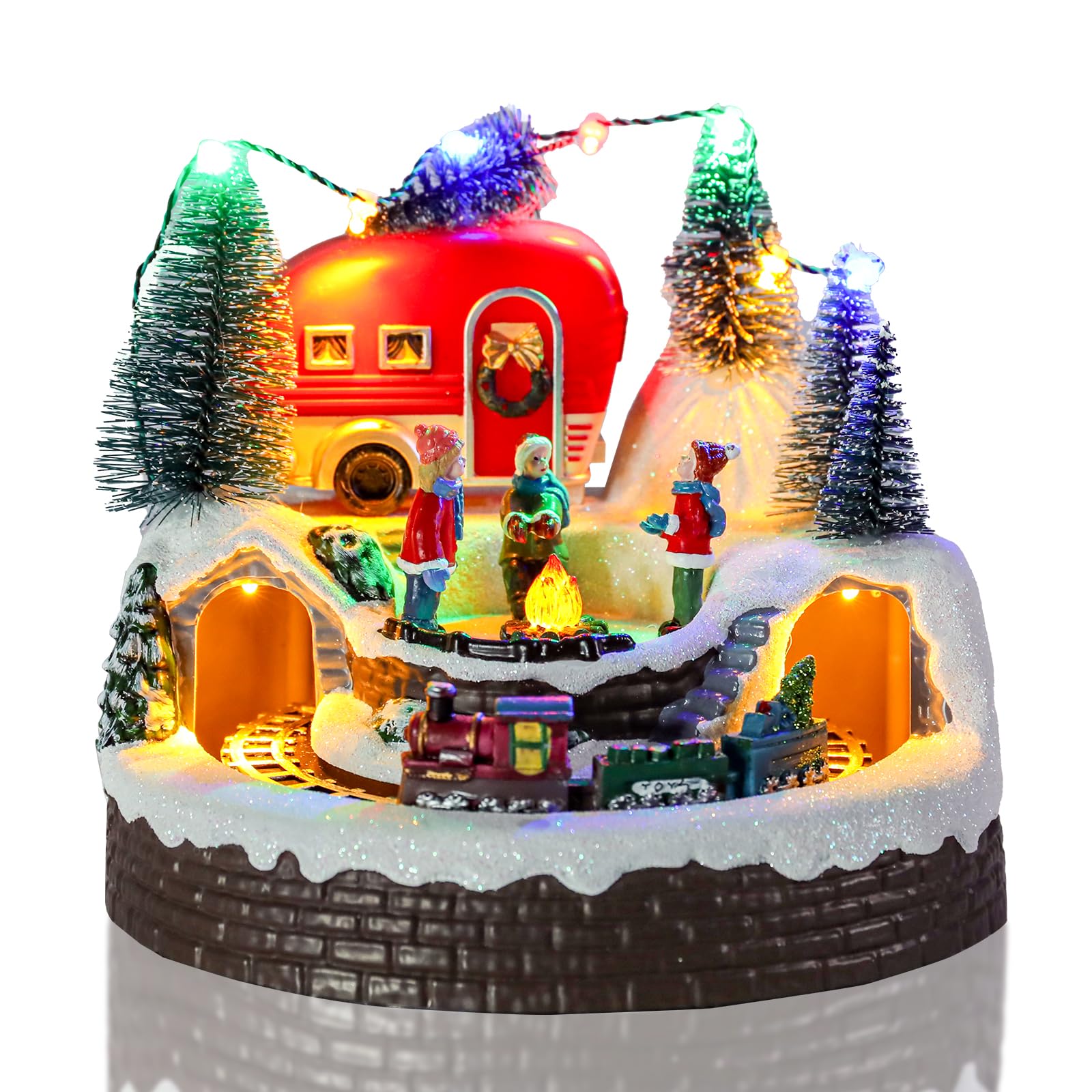 Afirst Christmas Village Houses Collectible Figurines Moving Train Around Village with Trees Lighted Christmas House Collectable Xmas Light Up Musical with USB Indoor Display Figurines Decoration