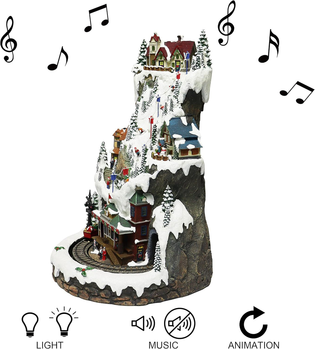 MOMENTS IN TIME 20.5“H Ski Resort Mountain Resin Christmas Village Buildings, Featuring LED Lights, Christmas Music, and Animated Train - Power Adapter (Included)