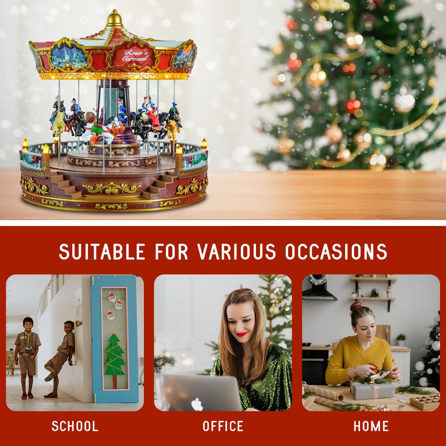 Christmas Carousel Decoration, 14inch Large Size, Carousel Go Round with Music and Lights, Realistic Scene, Add Christmas Atmosphere, Perfect （red）