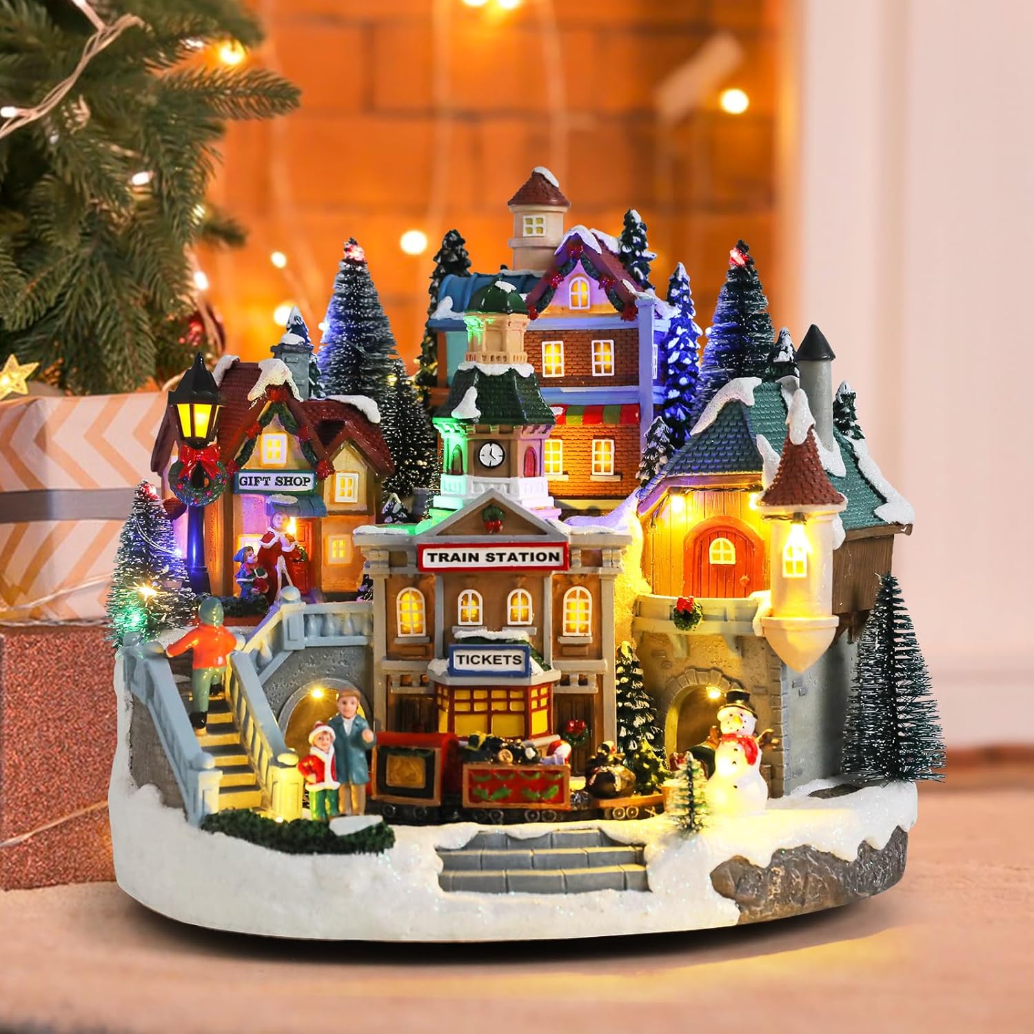Afirst Christmas Village Houses Collectible Figurines Moving Train Around Village with Trees Lighted Christmas House Collectable Xmas Light Up Musical with USB Indoor Display Figurines Decoration