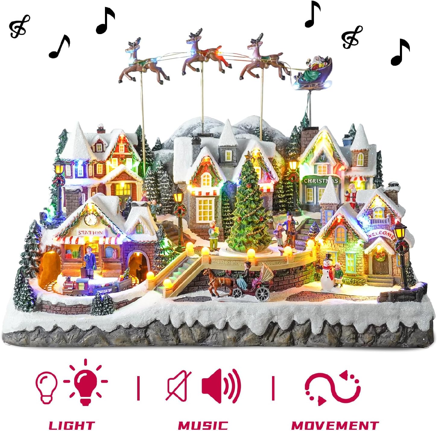 Large Christmas Village House with Flying Reindeer - Rotating Christmas Tree & Moving Train & Colourful LED Lights & 8 Festive Songs,Indoor Decorations for Home Tabletop Gift