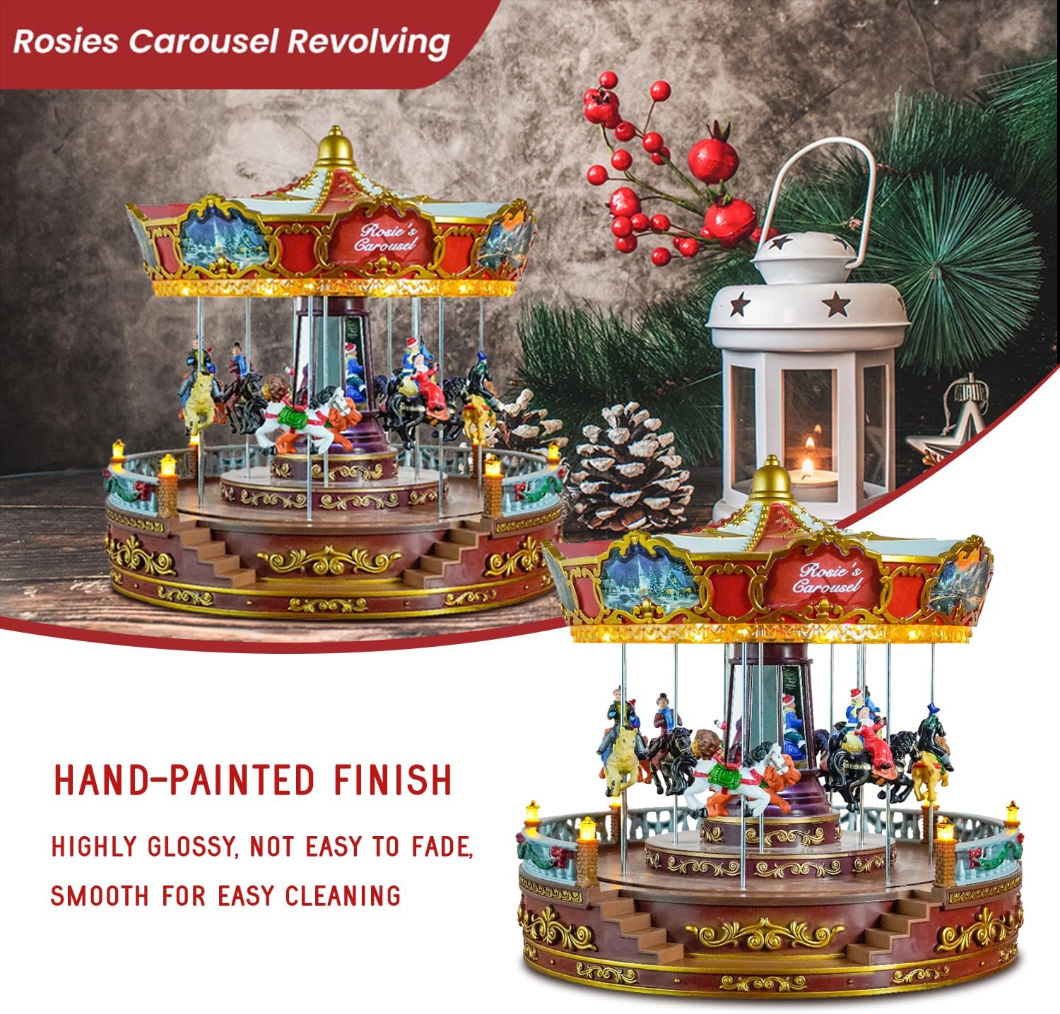 Christmas Carousel Decoration, 14inch Large Size, Carousel Go Round with Music and Lights, Realistic Scene, Add Christmas Atmosphere, Perfect （red）