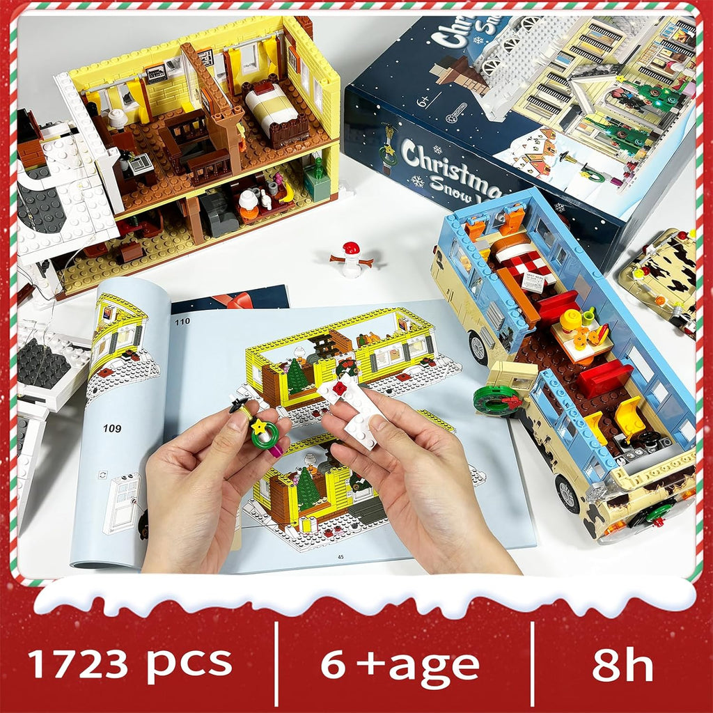 Snow Village& RV Building Set with LED Lights,2 in 1 Christmas Vacation Holiday House and Christmas Holiday Snow Village RV Gift(1726PCS)