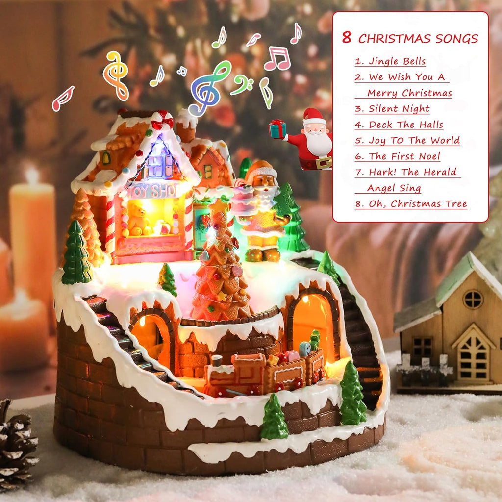 DREAM GARDEN Christmas Village House, Gingerbread House with Moving Train and Christmas Tree Battery Operated Musical Collectible Buildings with LED Lights for Home Table Holiday Display