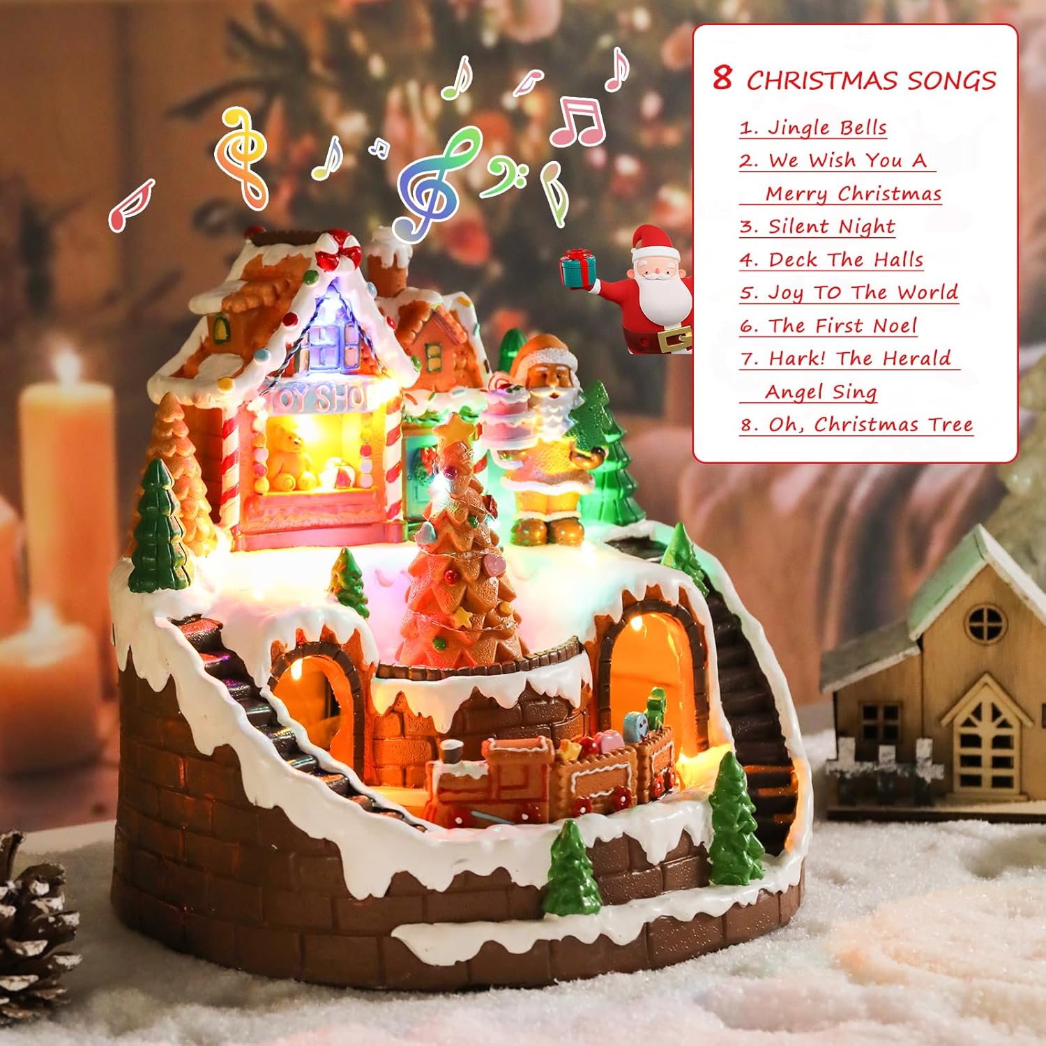 DREAM GARDEN Christmas Village House, Gingerbread House with Moving Train and Christmas Tree Battery Operated Musical Collectible Buildings with LED Lights for Home Table Holiday Display