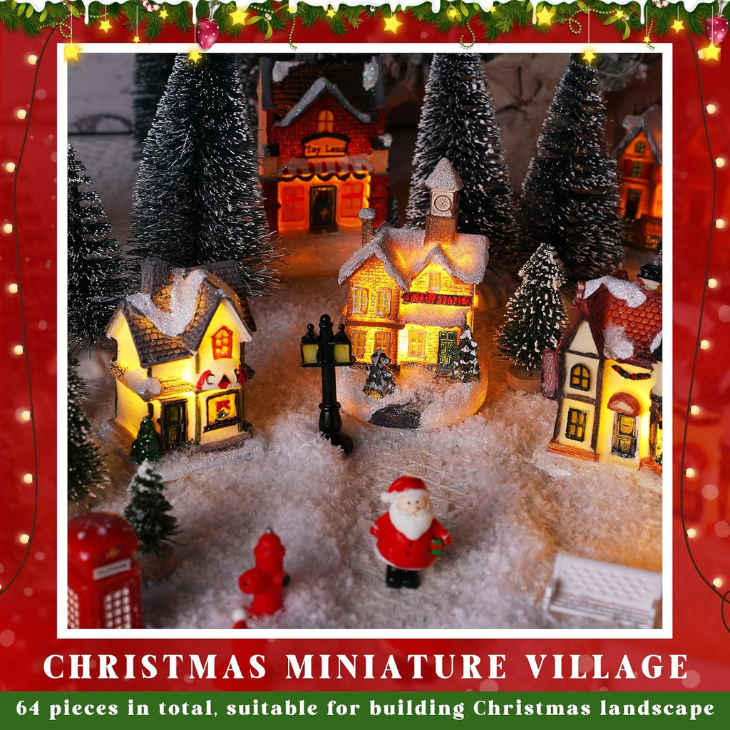 Zubebe 64 Pcs Christmas Village Set, Christmas Village Houses LED Holiday Village Figurines Christmas Village Buildings Christmas Town Scene Desktop Ornaments Indoor Room Decor Collection (Classic)