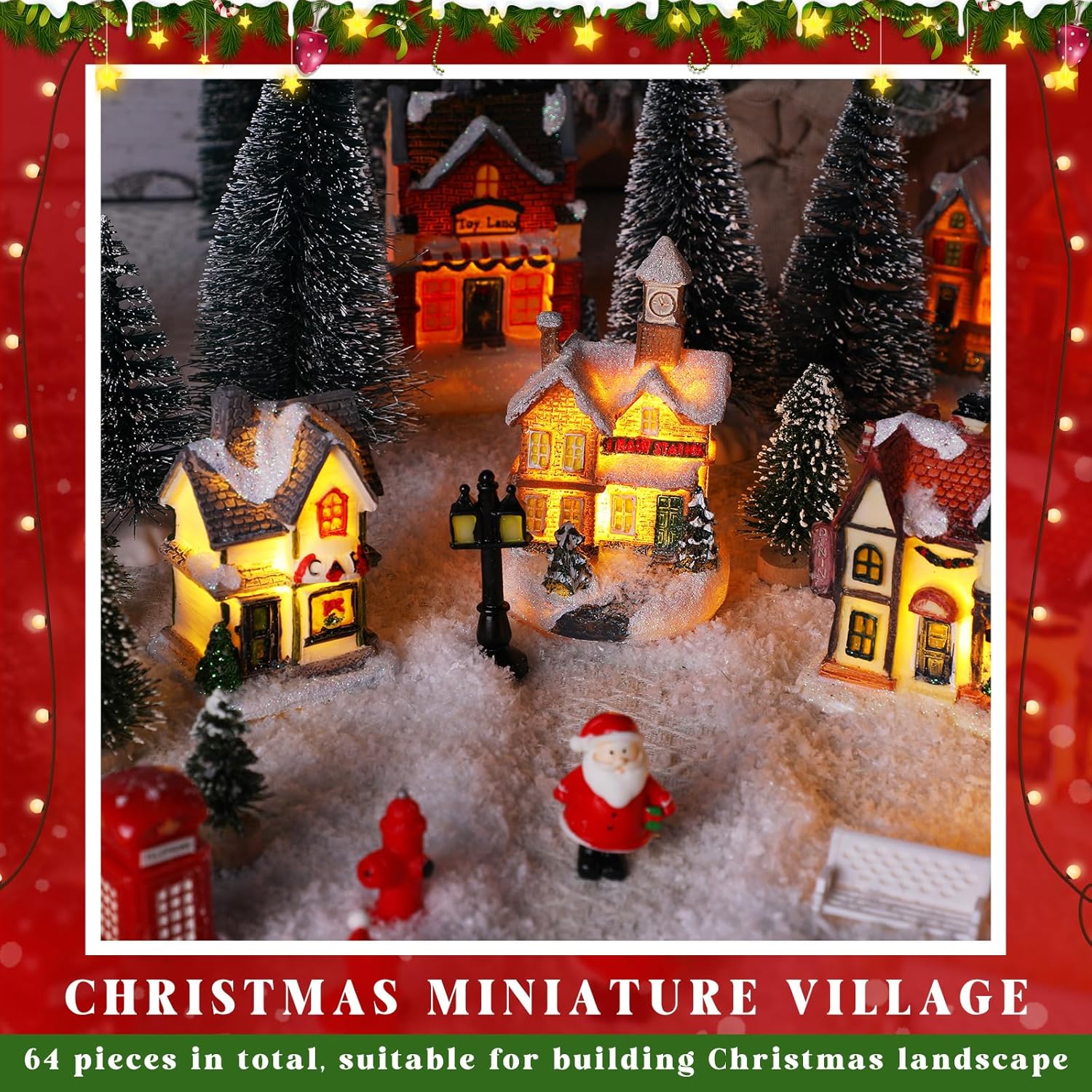 Zubebe 64 Pcs Christmas Village Set, Christmas Village Houses LED Holiday Village Figurines Christmas Village Buildings Christmas Town Scene Desktop Ornaments Indoor Room Decor Collection (Classic)