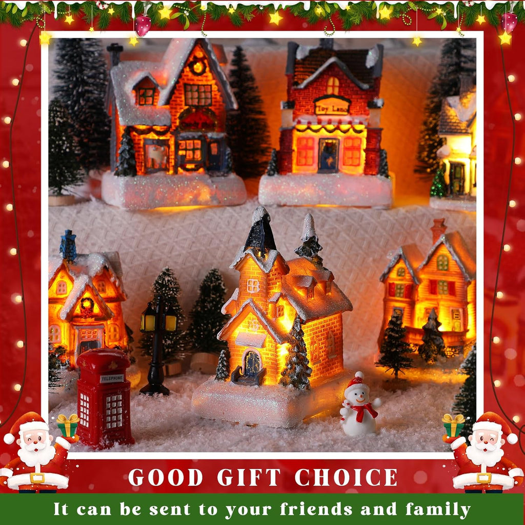 Zubebe 64 Pcs Christmas Village Set, Christmas Village Houses LED Holiday Village Figurines Christmas Village Buildings Christmas Town Scene Desktop Ornaments Indoor Room Decor Collection (Classic)