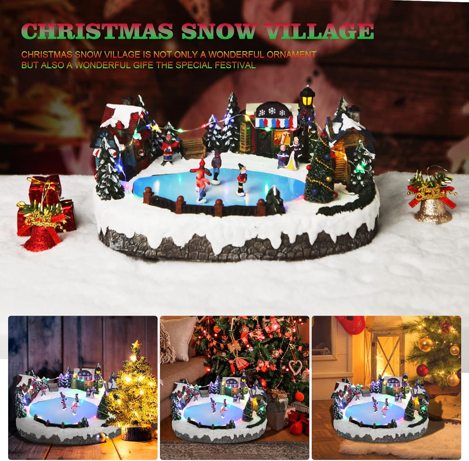 Christmas Village House Figurines Christmas Decor Estatua de la cabaña del Pueblo navideño Home Decoration Snow Globe Display Skating Pond Animated Christmas Theme Park with 8 Music L