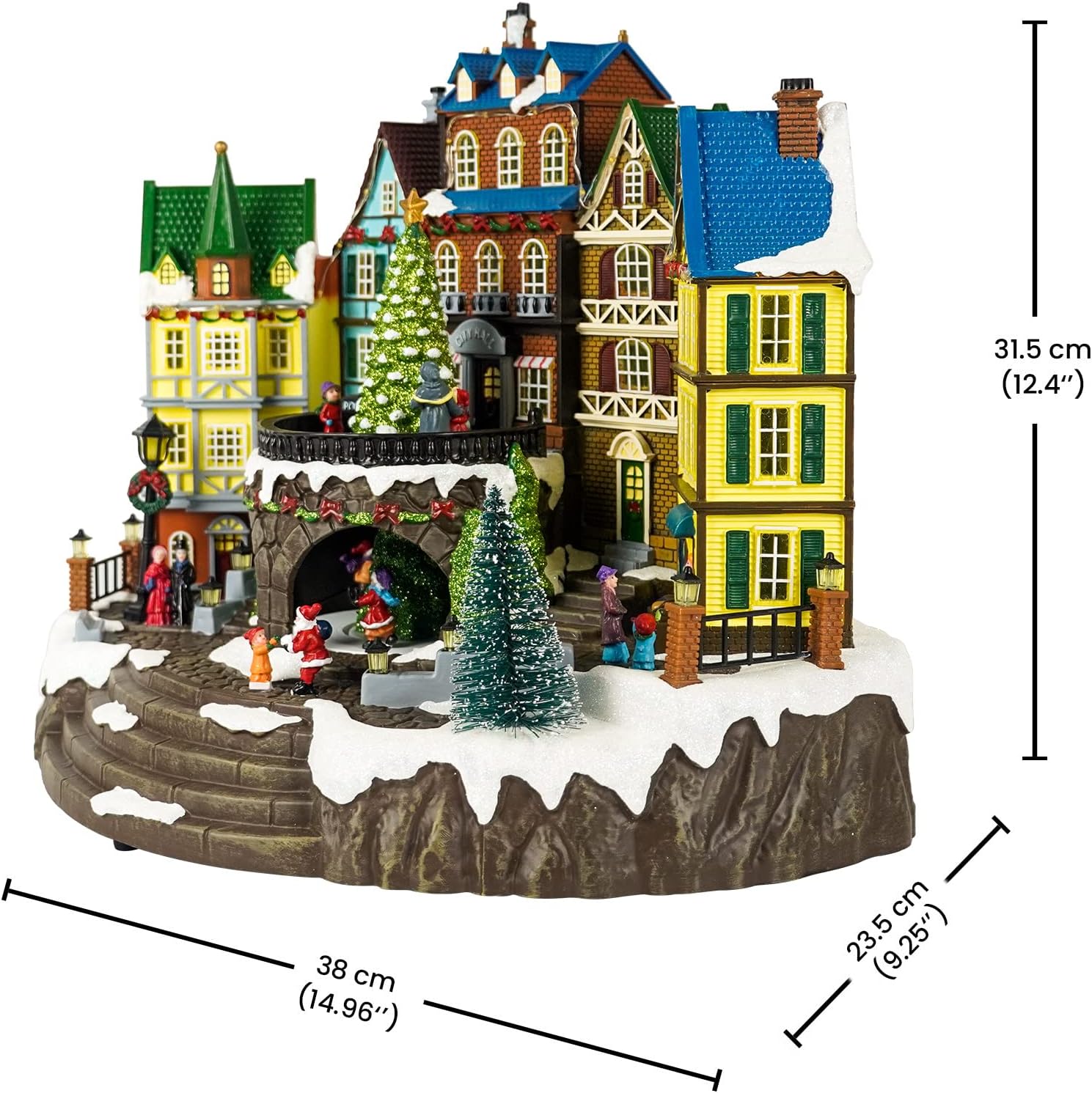 Christmas Village House, 12.4" H Large Size, Colourful LED Lights with Christmas Music, Rotating Christmas Trees and Roller Skaters, Christmas Decoration for Home (Yellow)