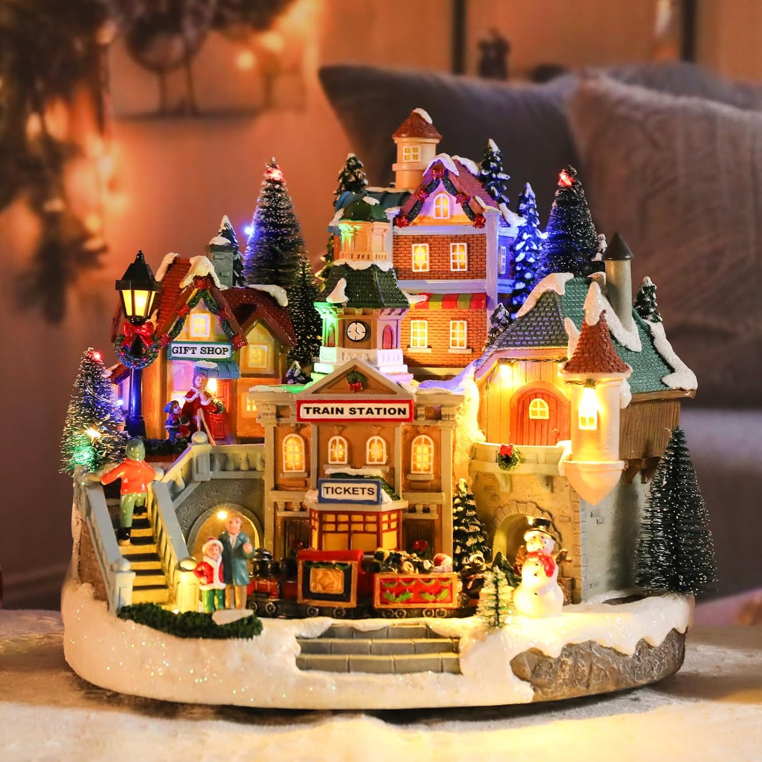 Afirst Christmas Village Houses Collectible Figurines Moving Train Around Village with Trees Lighted Christmas House Collectable Xmas Light Up Musical with USB Indoor Display Figurines Decoration