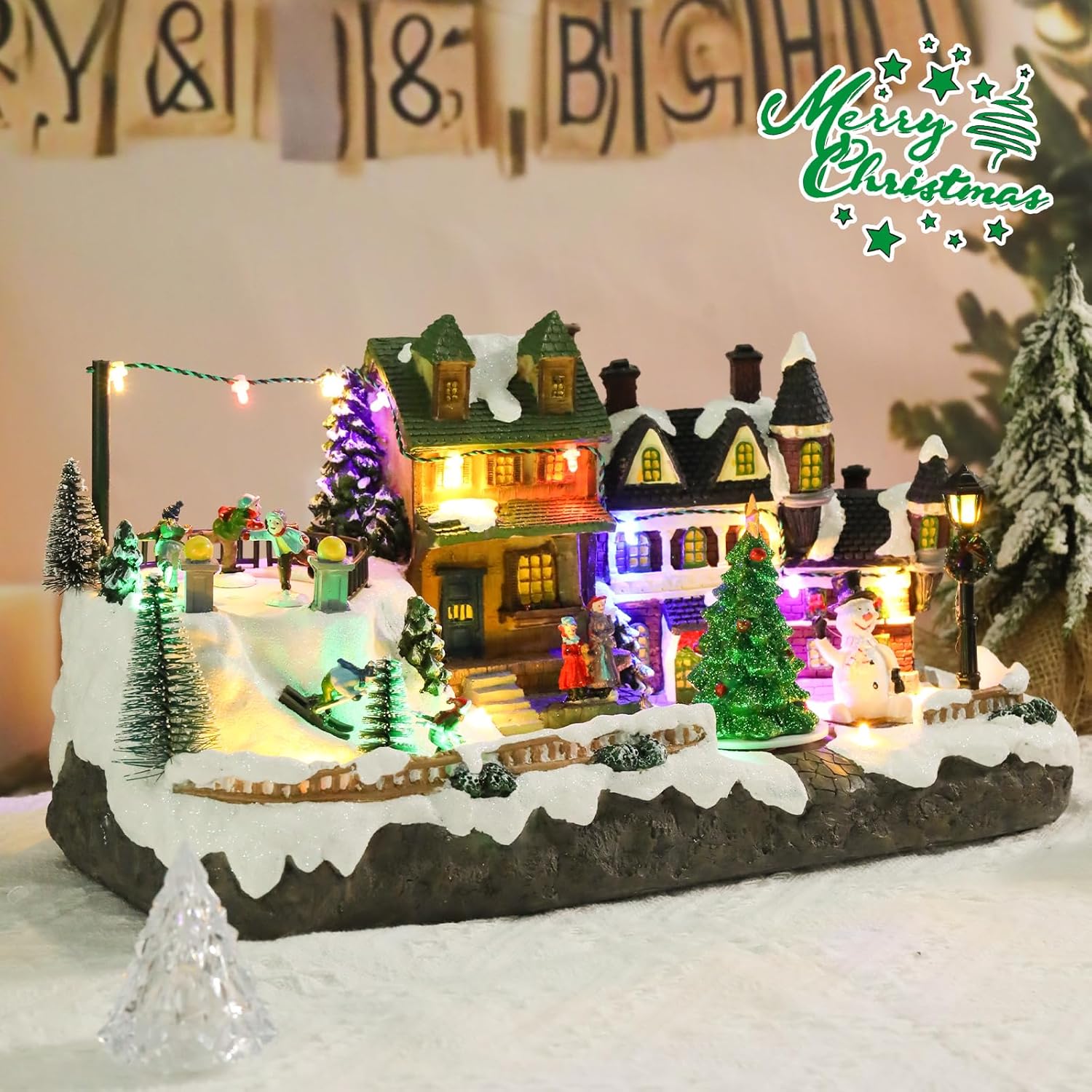 Afirst Christmas Village Houses Collectible Figurines Skaters Skiers Rotating Xmas Tree Lighted Christmas Houses Collectable Light Up Musical with USB Indoor Display Figurines Decoration