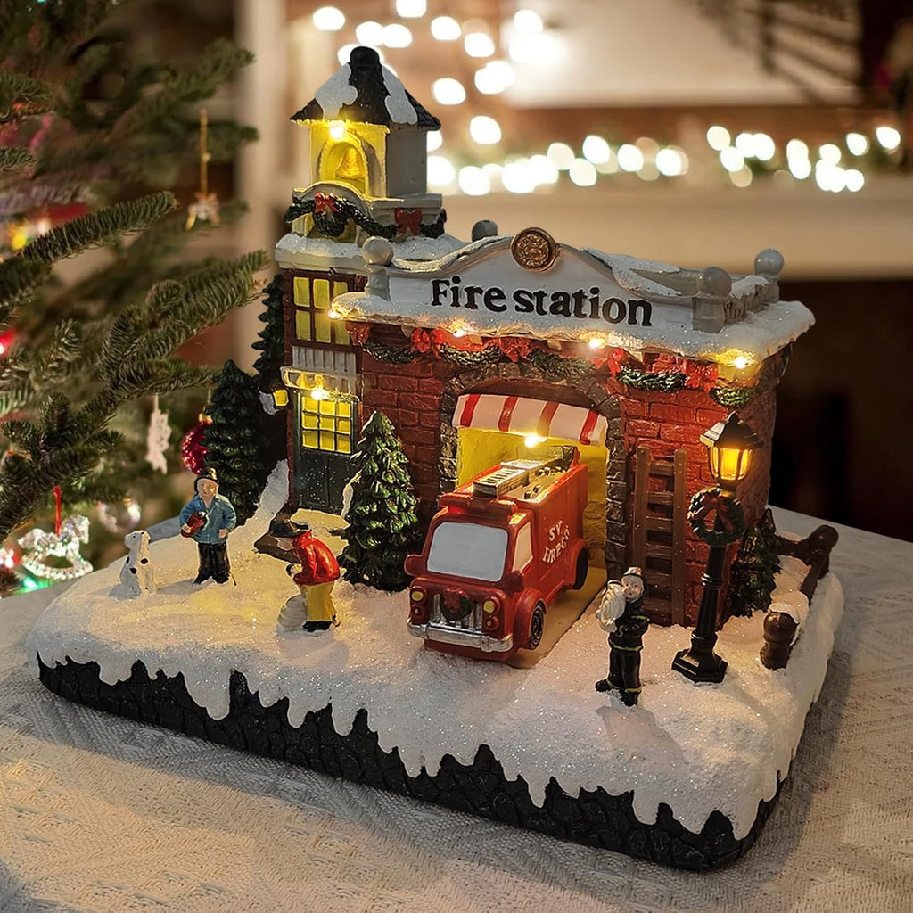 Resin Christmas Village Building, Fire Station with LED Lights, Collectible Buildings Decoration with Snow, Indoor Home & Desktop Decor (10" H x 11" W x 7.5" D)