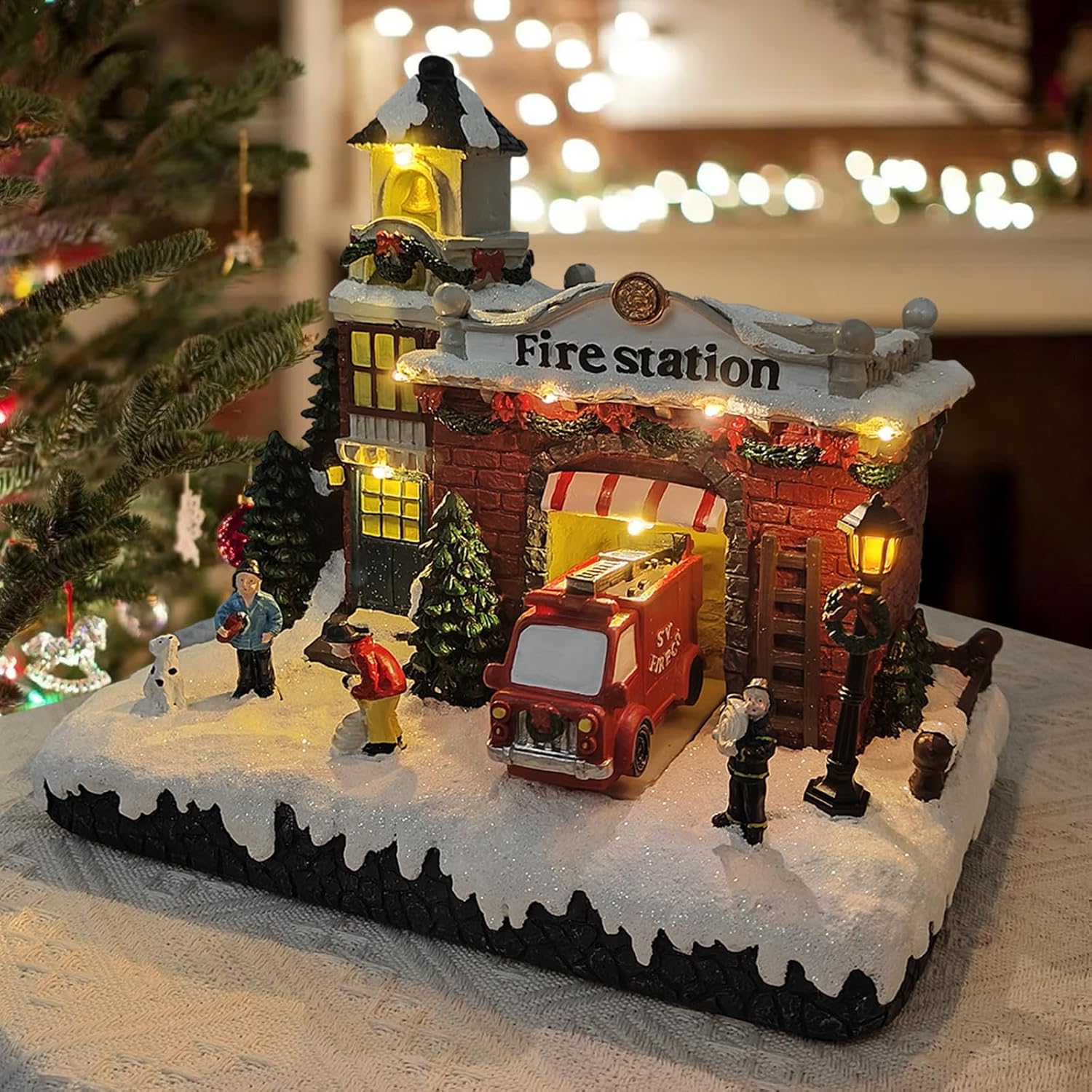 Resin Christmas Village Building, Fire Station with LED Lights, Collectible Buildings Decoration with Snow, Indoor Home & Desktop Decor (10" H x 11" W x 7.5" D)
