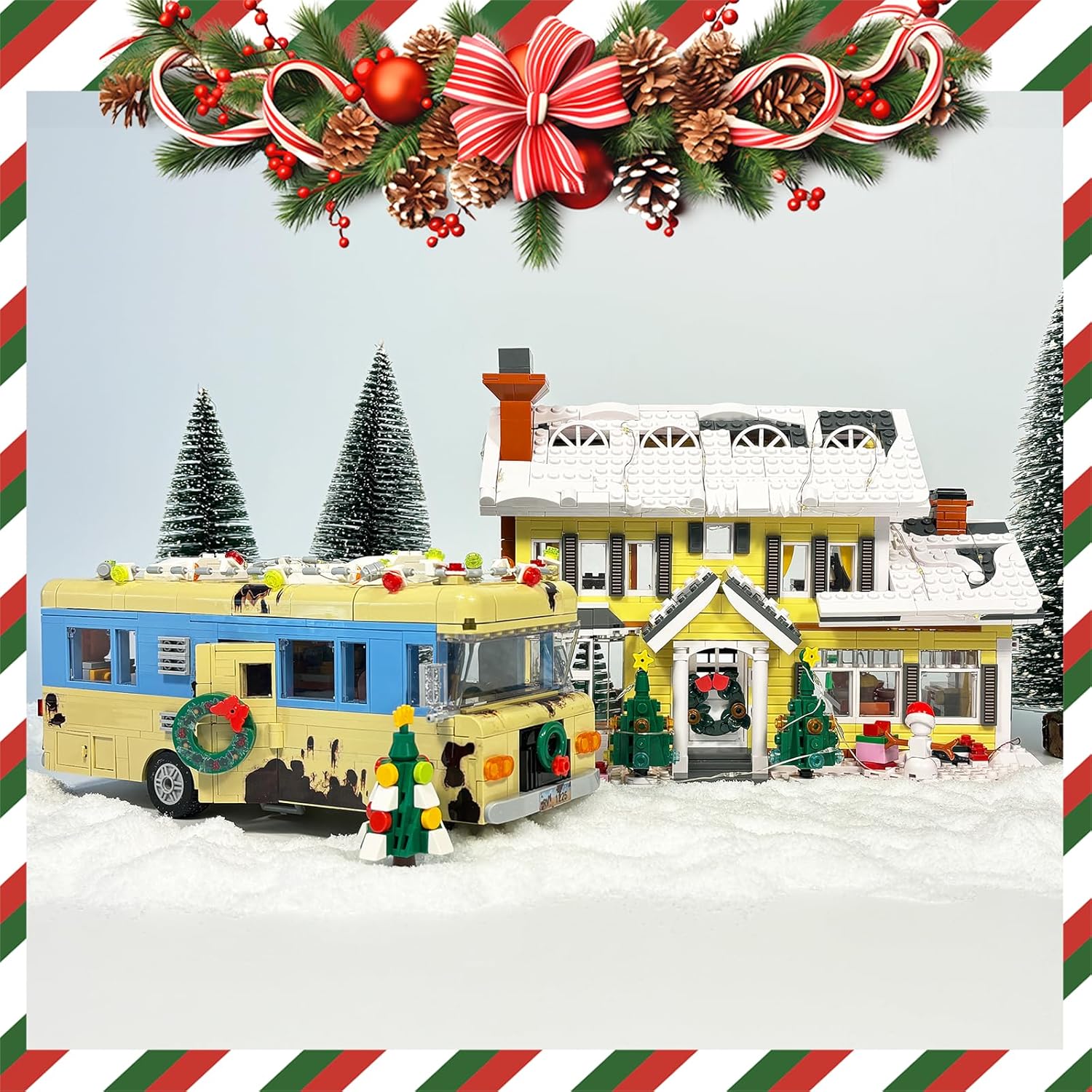 Snow Village& RV Building Set with LED Lights,2 in 1 Christmas Vacation Holiday House and Christmas Holiday Snow Village RV Gift(1726PCS)
