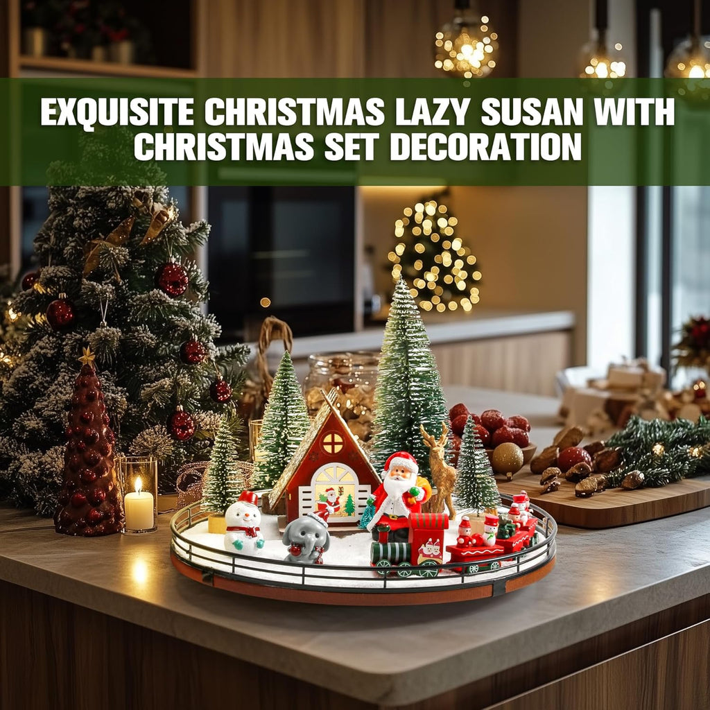 12 PCS Christmas Town Village Sets, 13" Oak Wood Lazy Susan for Table Top Centerpiece Decor for Table, Xmas House Decorations, Trees, Snowman, Elephant, Santa Claus, Reindeer, Train for Festive Decor