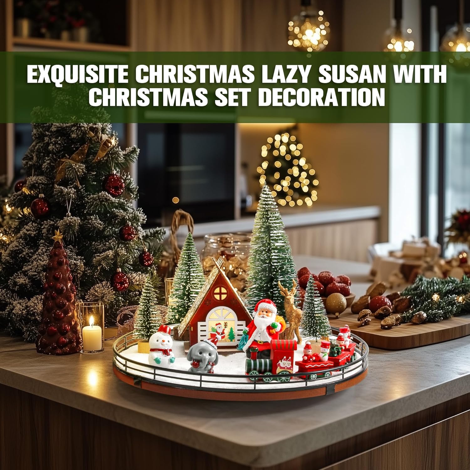 12 PCS Christmas Town Village Sets, 13" Oak Wood Lazy Susan for Table Top Centerpiece Decor for Table, Xmas House Decorations, Trees, Snowman, Elephant, Santa Claus, Reindeer, Train for Festive Decor