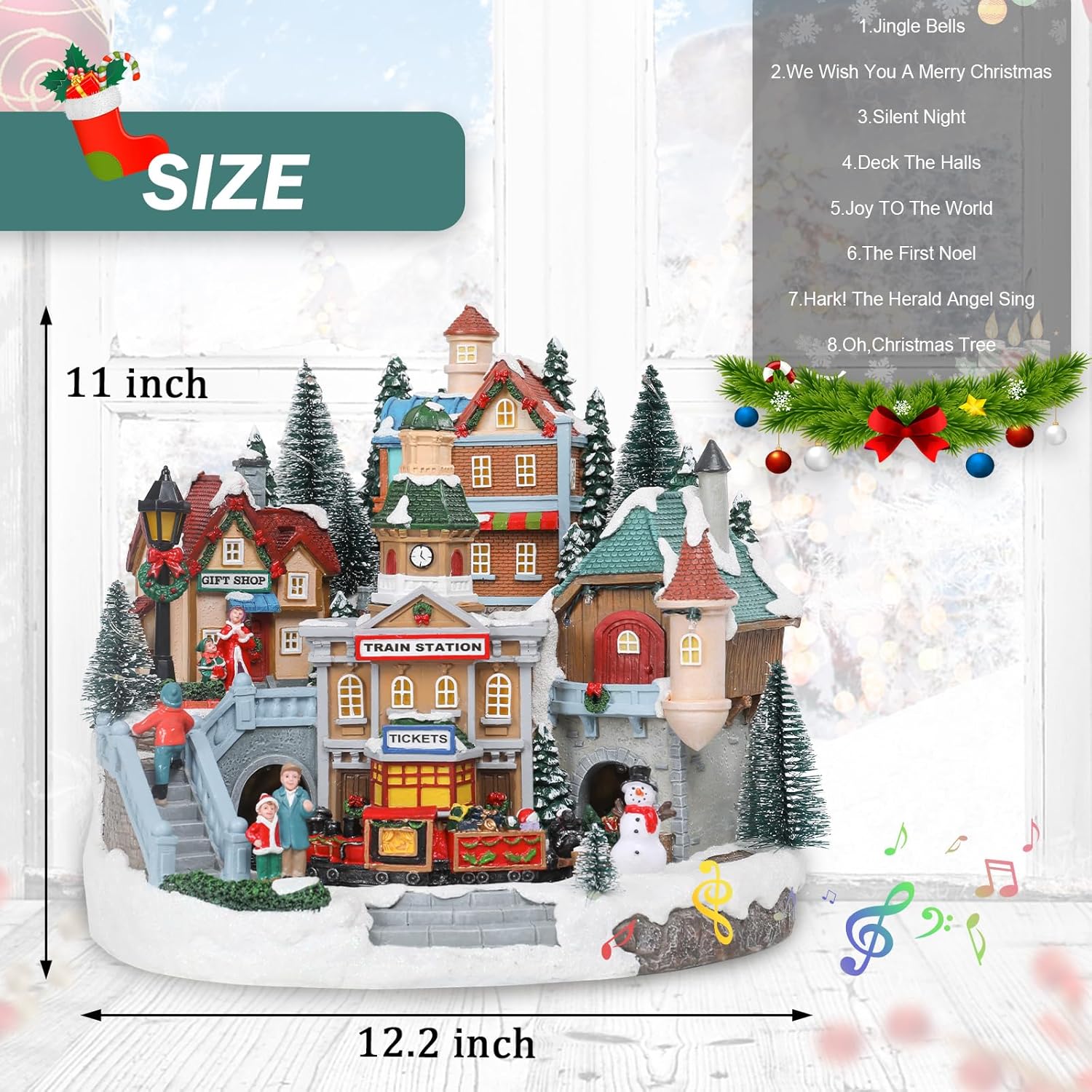 Afirst Christmas Village Houses Collectible Figurines Moving Train Around Village with Trees Lighted Christmas House Collectable Xmas Light Up Musical with USB Indoor Display Figurines Decoration