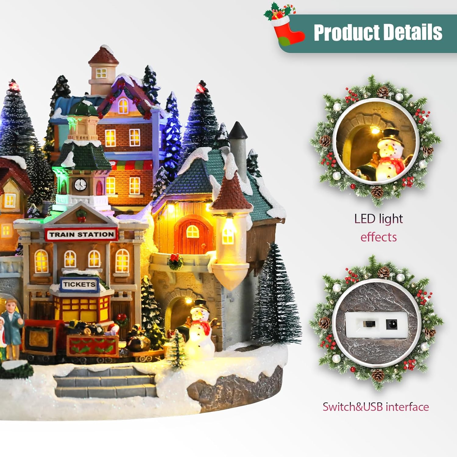 Afirst Christmas Village Houses Collectible Figurines Moving Train Around Village with Trees Lighted Christmas House Collectable Xmas Light Up Musical with USB Indoor Display Figurines Decoration