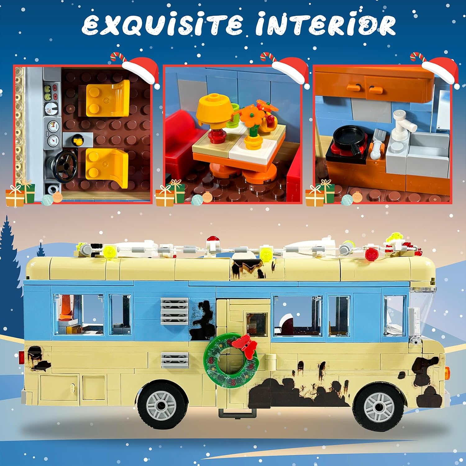 Snow Village& RV Building Set with LED Lights,2 in 1 Christmas Vacation Holiday House and Christmas Holiday Snow Village RV Gift(1726PCS)