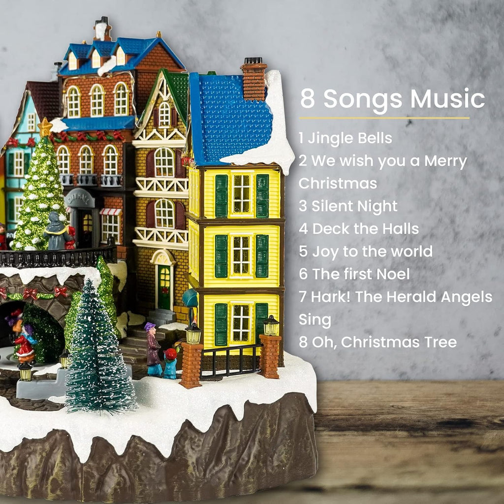 Christmas Village House, 12.4" H Large Size, Colourful LED Lights with Christmas Music, Rotating Christmas Trees and Roller Skaters, Christmas Decoration for Home (Yellow)