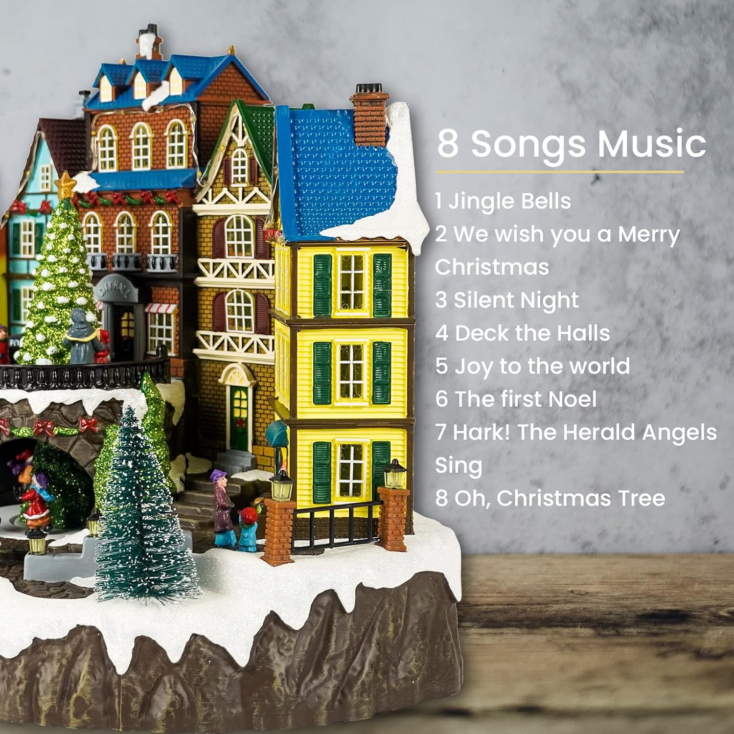 Christmas Village House, 12.4" H Large Size, Colourful LED Lights with Christmas Music, Rotating Christmas Trees and Roller Skaters, Christmas Decoration for Home (Yellow)