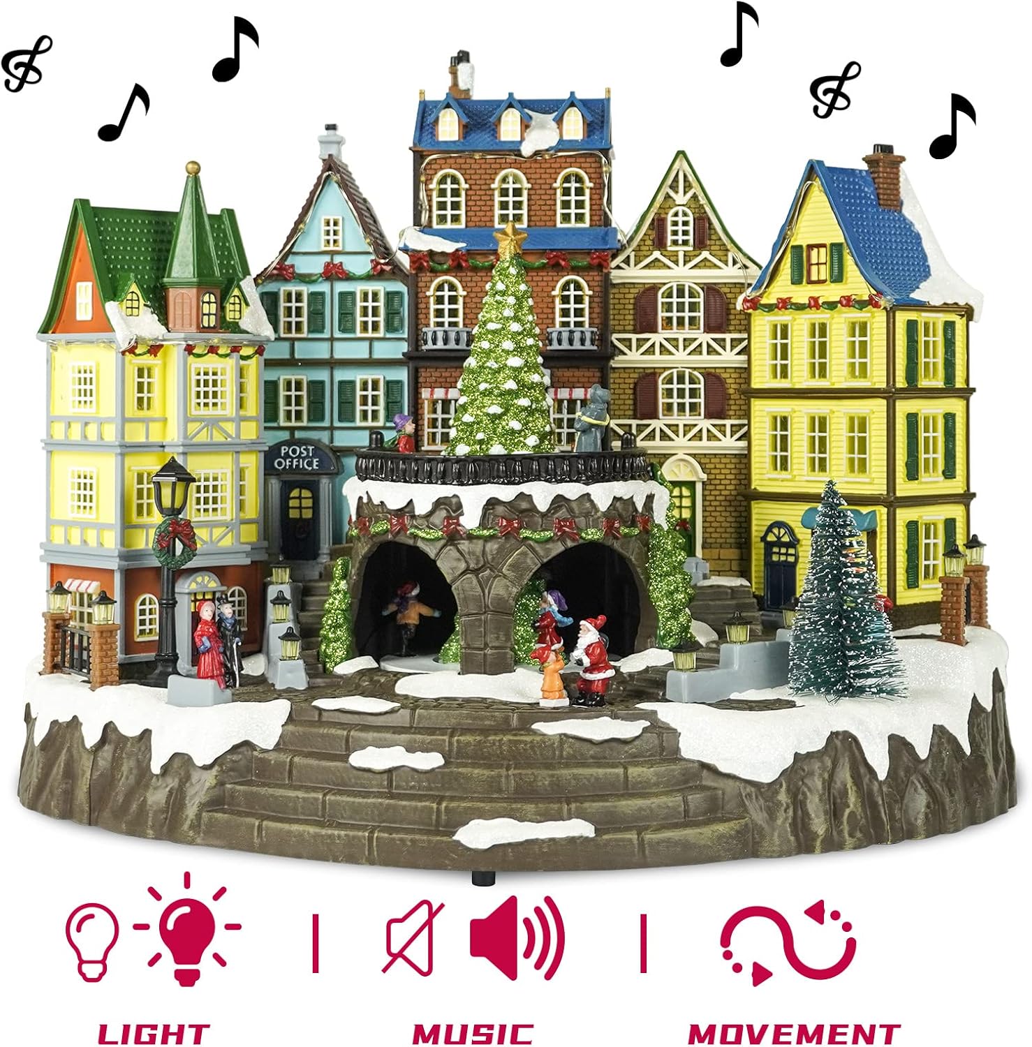 Christmas Village House, 12.4" H Large Size, Colourful LED Lights with Christmas Music, Rotating Christmas Trees and Roller Skaters, Christmas Decoration for Home (Yellow)
