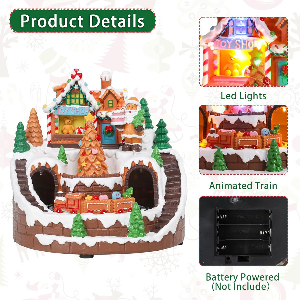 DREAM GARDEN Christmas Village House, Gingerbread House with Moving Train and Christmas Tree Battery Operated Musical Collectible Buildings with LED Lights for Home Table Holiday Display