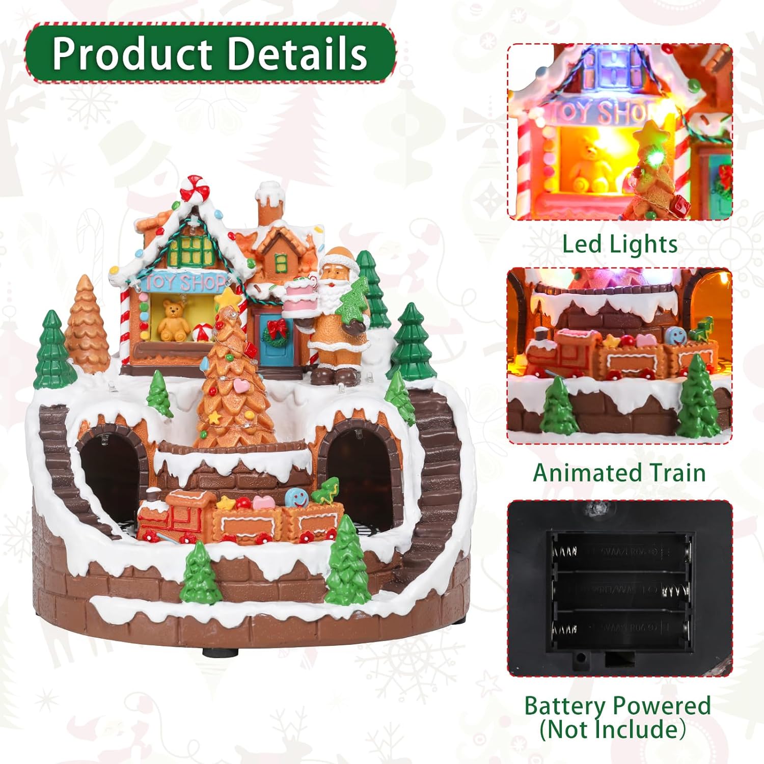 DREAM GARDEN Christmas Village House, Gingerbread House with Moving Train and Christmas Tree Battery Operated Musical Collectible Buildings with LED Lights for Home Table Holiday Display